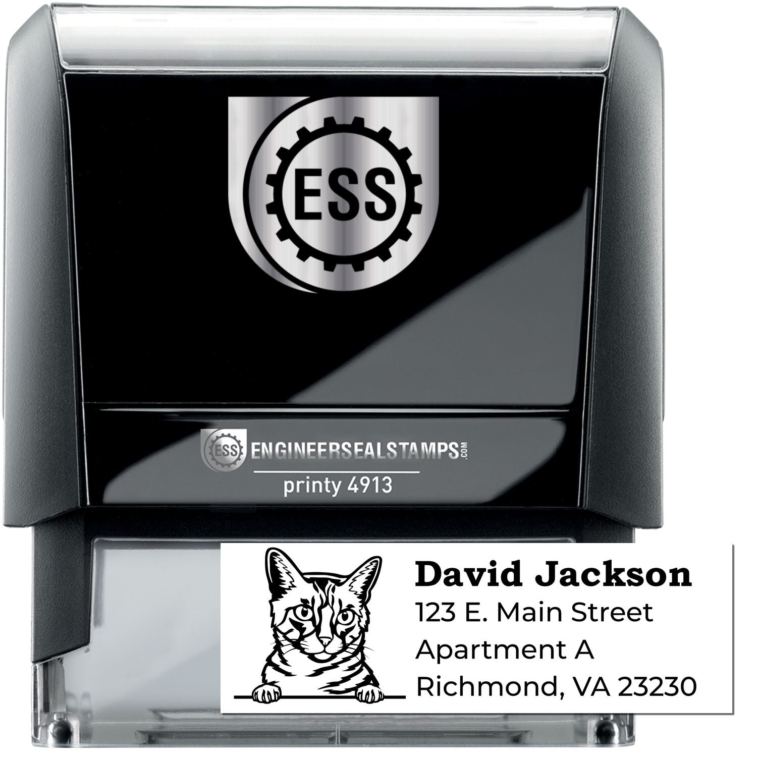 Self-Inking California Spangled Custom Address Stamp featuring a cat design, personalized with David Jackson, 123 E. Main Street, Apartment A, Richmond, VA 23230. Black casing with ESS logo.