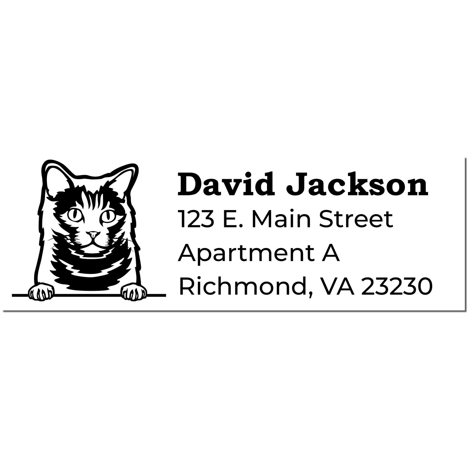 Self-Inking Chartreux Custom Address Stamp featuring a cat illustration and sample address: David Jackson, 123 E. Main Street, Apartment A, Richmond, VA 23230.