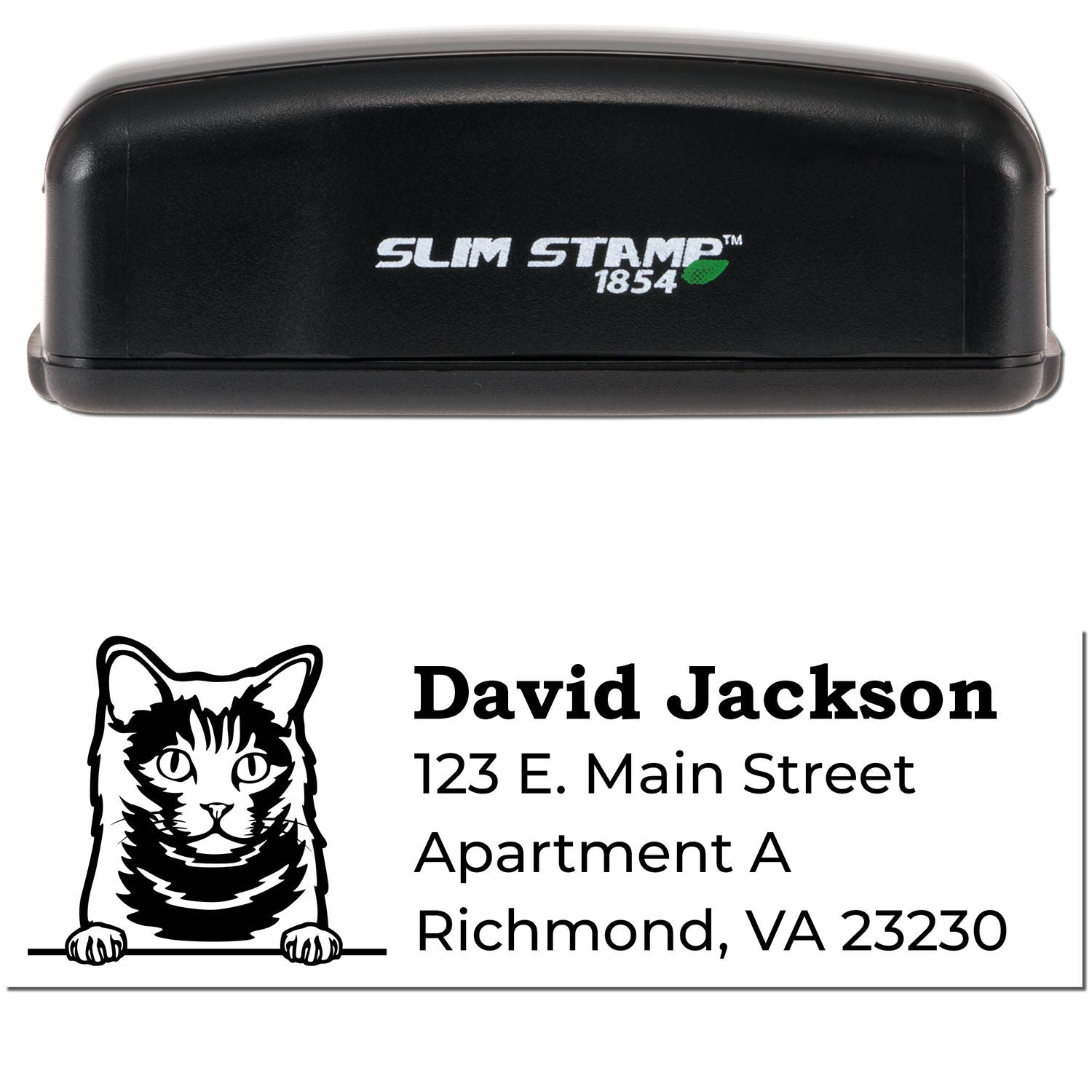 Slim Pre-Inked Chartreux Peeking Cat Return Address Stamp with a black casing. Features a cat illustration above the address: David Jackson, 123 E. Main Street, Apartment A, Richmond, VA 23230.