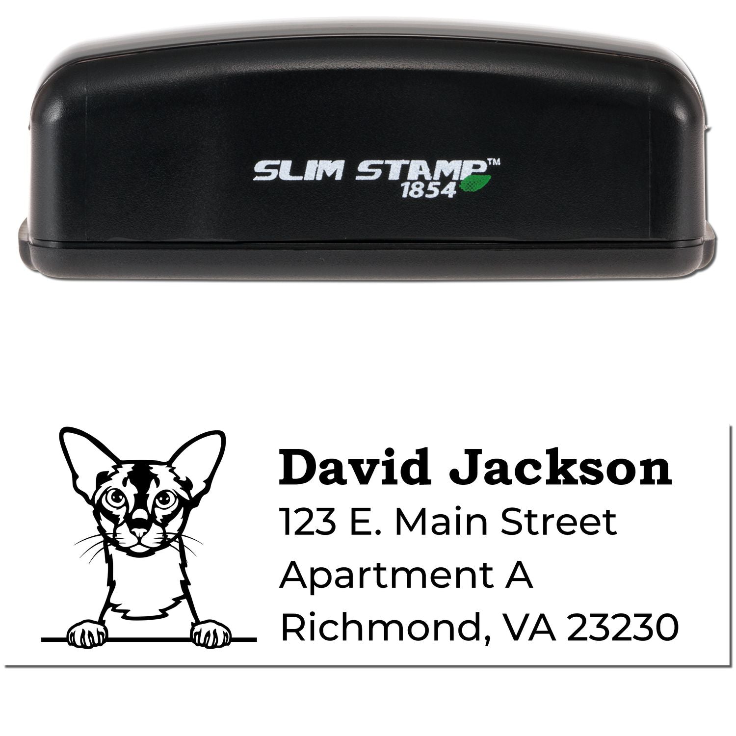 Slim Pre-Inked Colorpoint Shorthair Peeking Cat Return Address Stamp with a black casing. Features a cat illustration and customizable address text. Perfect for personalizing mail.