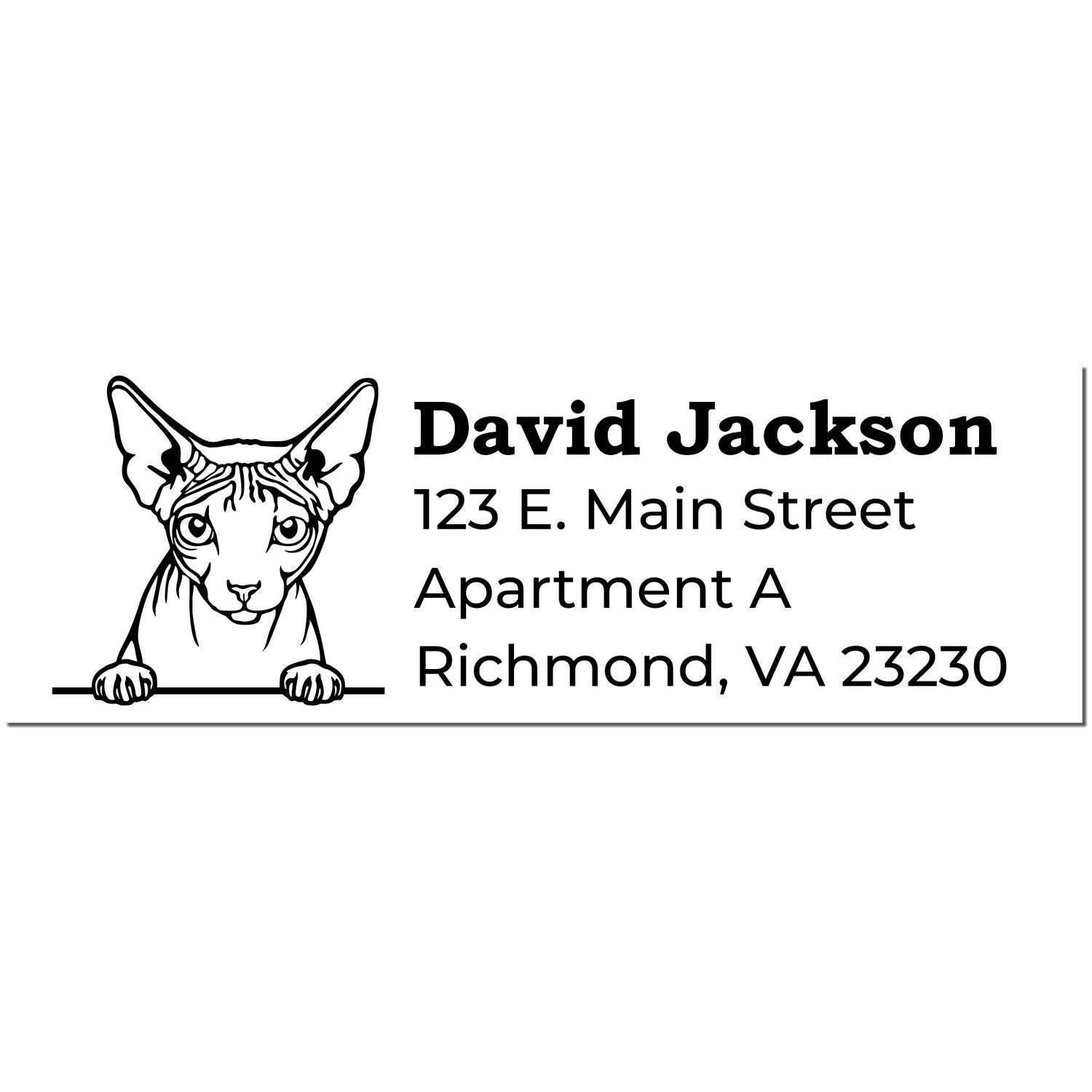 Self-Inking Don Sphynx Custom Address Stamp featuring a Sphynx cat illustration with sample address: David Jackson, 123 E. Main Street, Apartment A, Richmond, VA 23230.