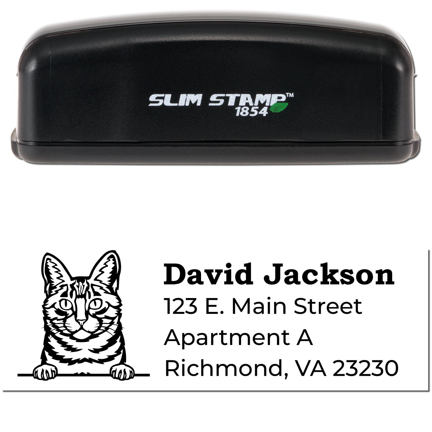 Slim Pre-Inked Dragon Li Peeking Cat Return Address Stamp with a black casing. Features a cat illustration above the address: David Jackson, 123 E. Main Street, Apt A, Richmond, VA 23230.