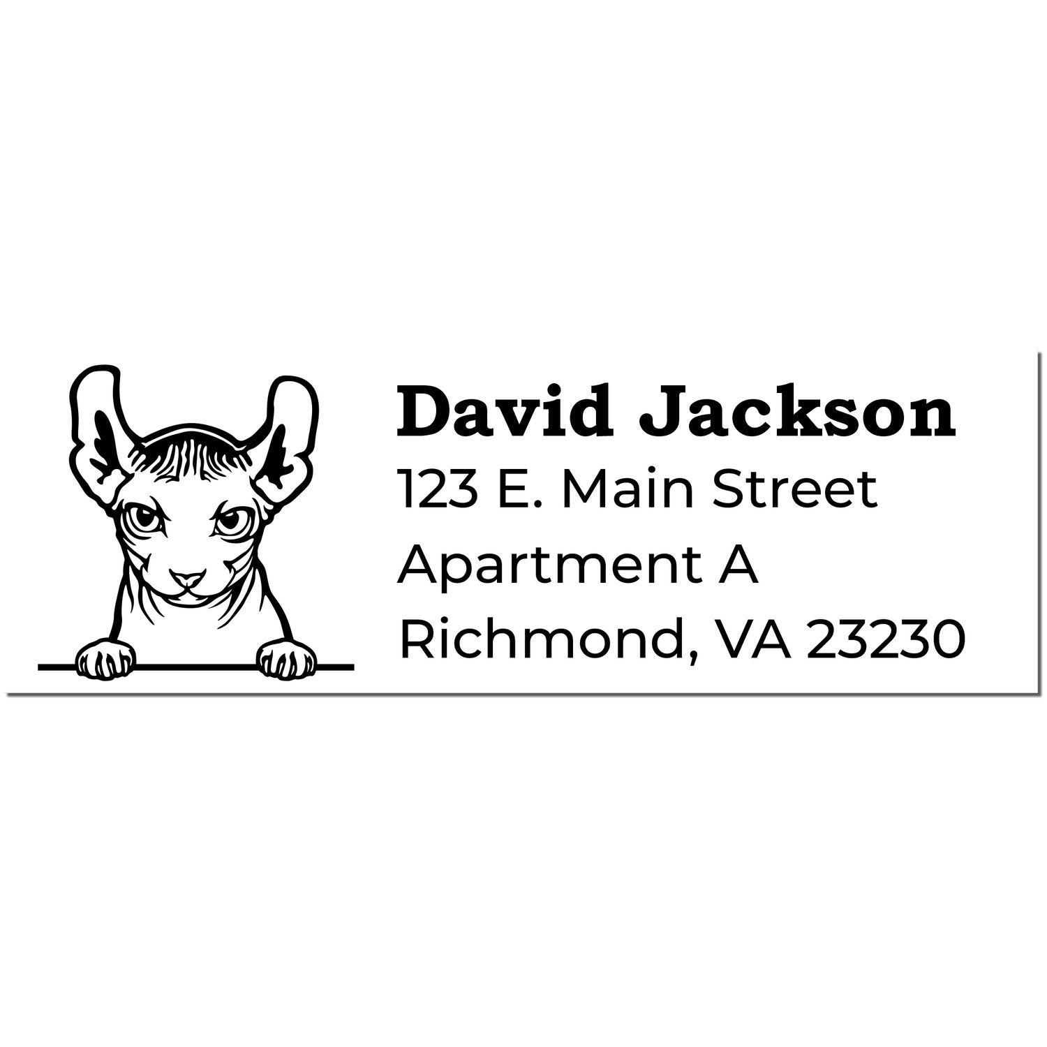 Self-Inking Dwelf Custom Address Stamp featuring a whimsical dwelf design with sample text: David Jackson, 123 E. Main Street, Apartment A, Richmond, VA 23230.