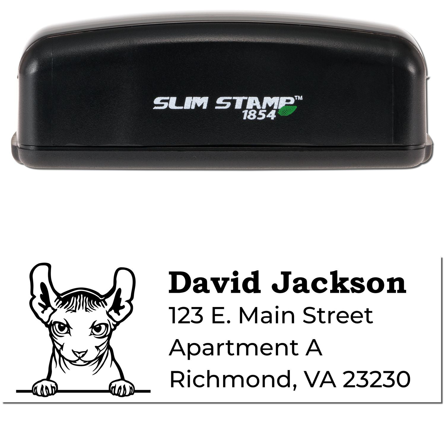 Slim Pre-Inked Dwelf Peeking Cat Return Address Stamp with a black casing and a cute cat design above the address. Personalize with your name and address for a unique touch.