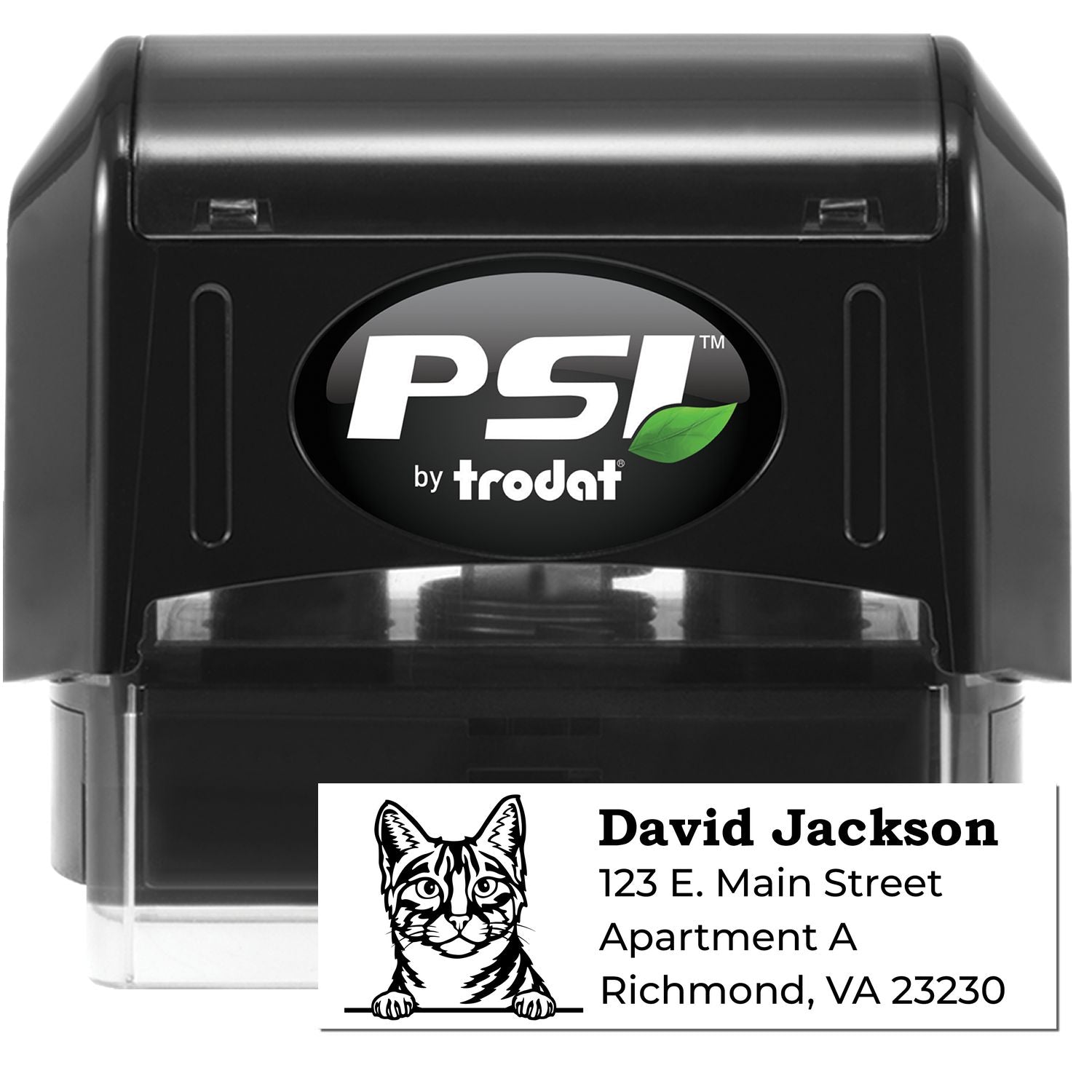 PSI Pre-Inked Peeking Egyptian Mau Cat Personalized Address Stamp featuring a black casing and a cute cat illustration. Customizable with your address for a unique touch.