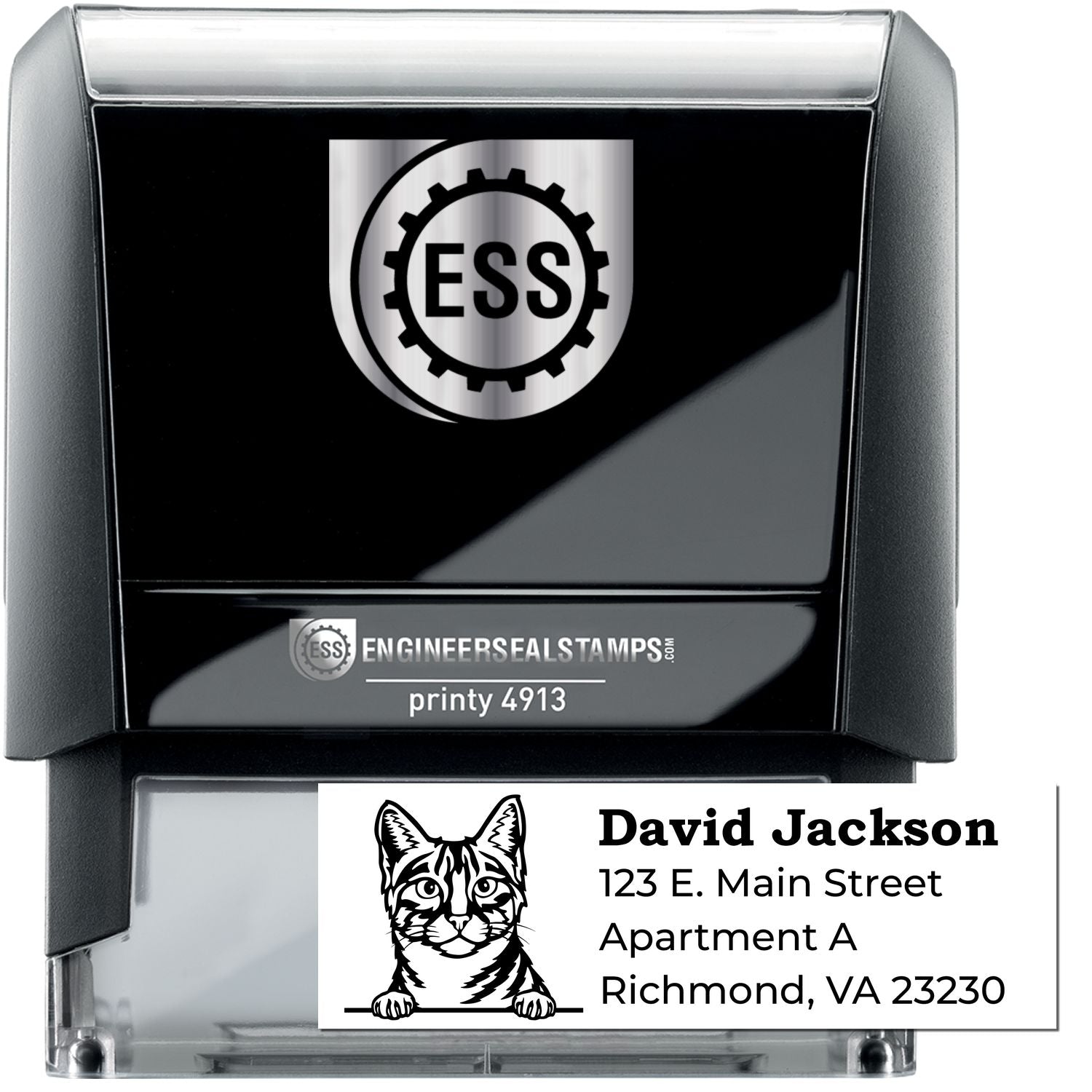 Self-Inking Egyptian Mau Custom Address Stamp featuring a cat illustration and sample address. Black casing with ESS logo. Ideal for personalizing mail with style and convenience.