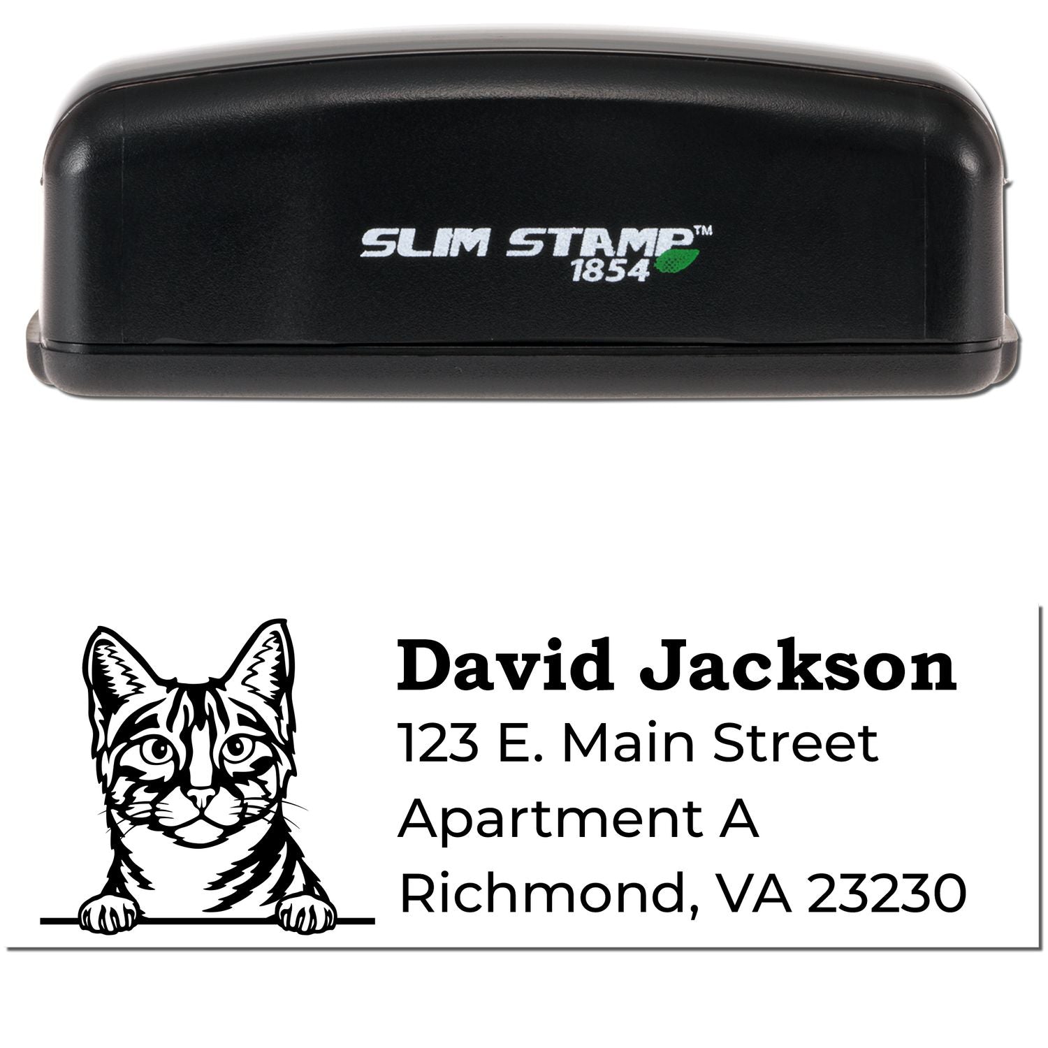 Slim Pre-Inked Egyptian Mau Peeking Cat Return Address Stamp with a black casing. Features a cute cat illustration above the address text. Perfect for personalizing mail with style.