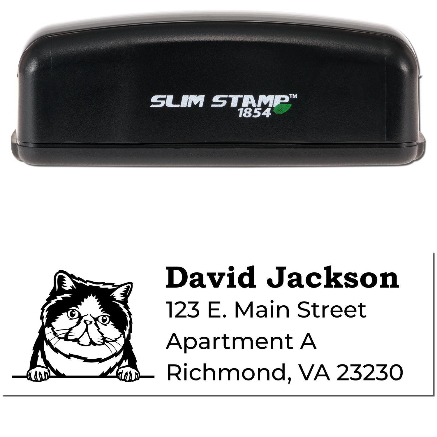 Slim Pre-Inked Exotic Shorthair Peeking Cat Return Address Stamp with a cute cat illustration and sample address. Black stamp case with Slim Stamp 1854 branding.