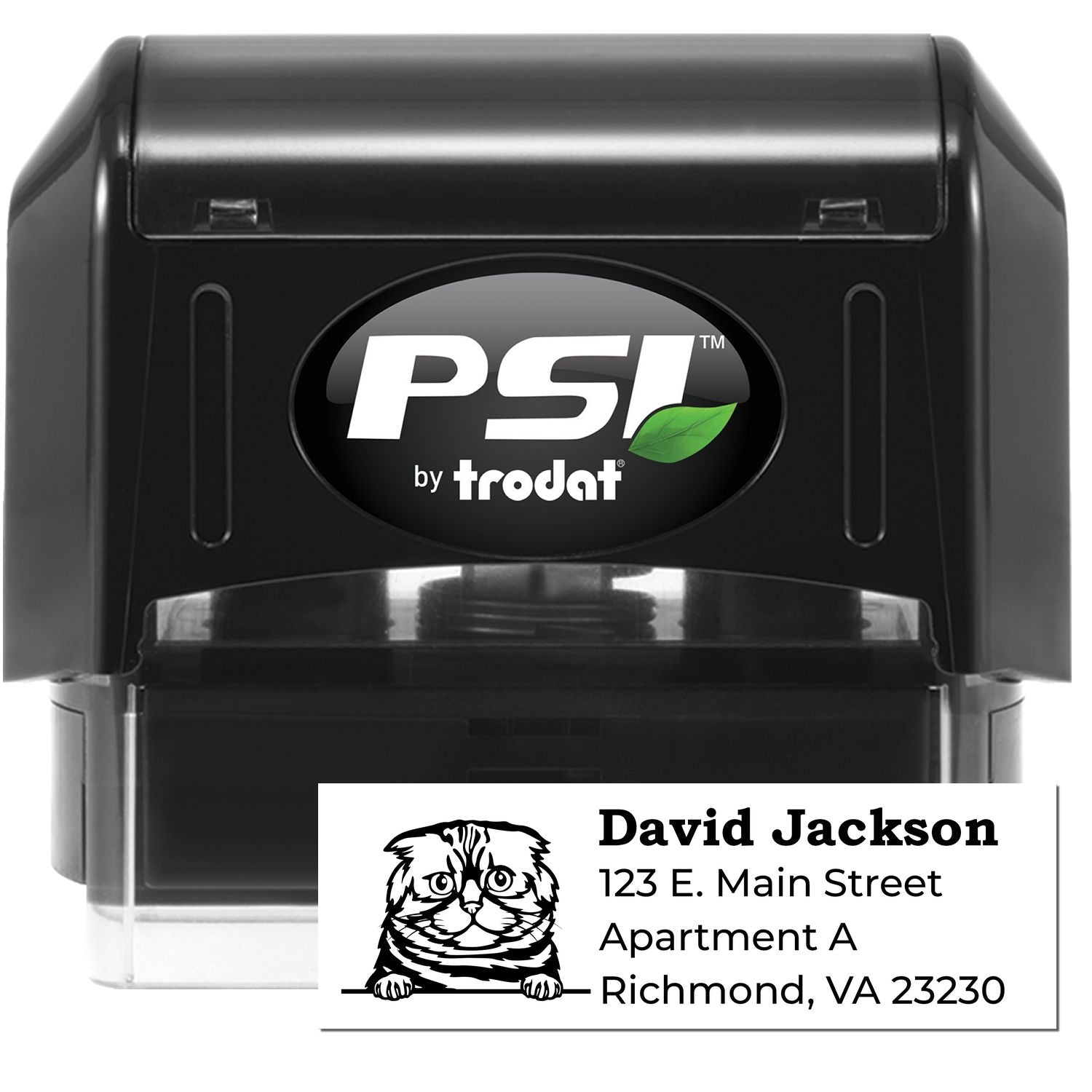 PSI Pre-Inked Peeking Foldex Cat Personalized Address Stamp with a black casing, featuring a cute cat design and customizable address area. Ideal for adding a personal touch to mail.