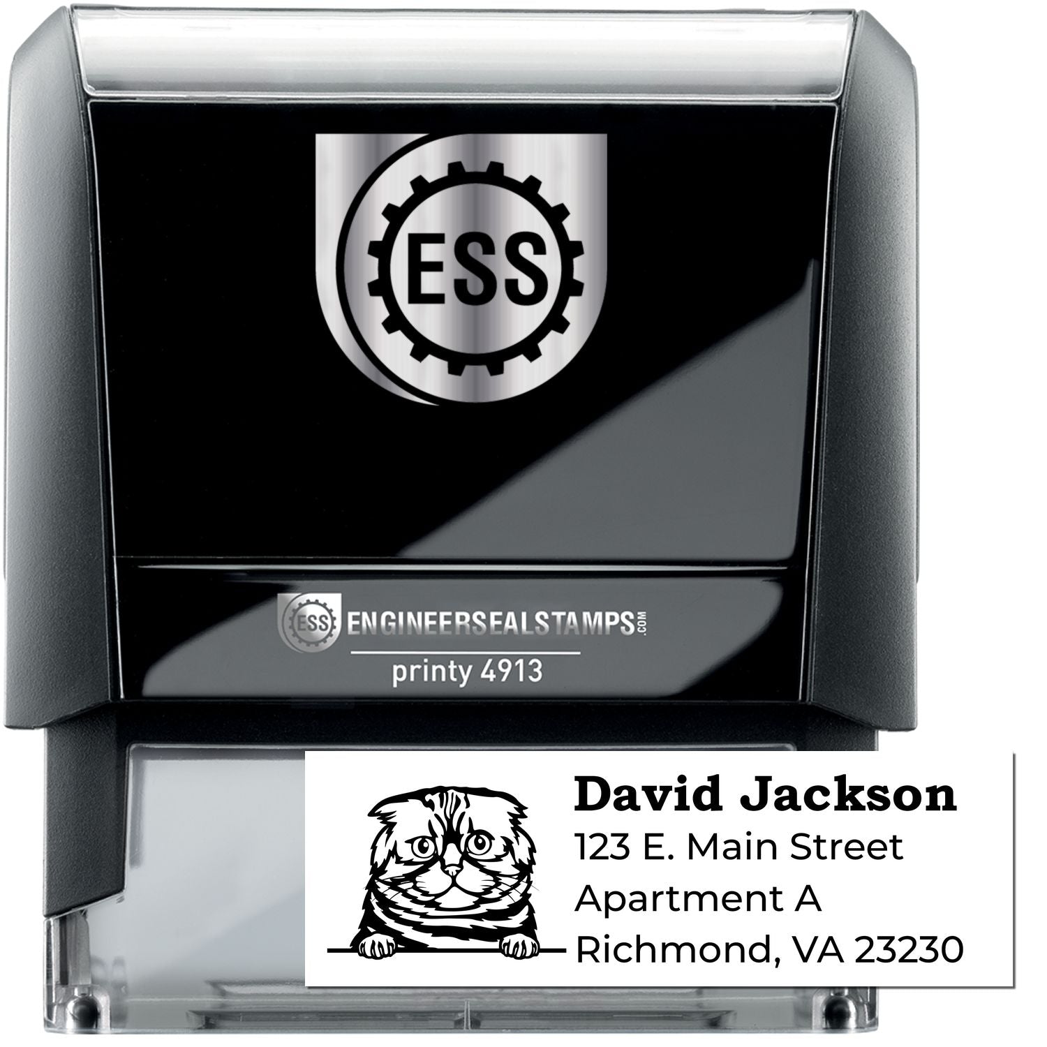 Self-Inking Foldex Custom Address Stamp in black, featuring a clear imprint area with sample address text. Ideal for efficient, repeatable stamping on envelopes and documents.