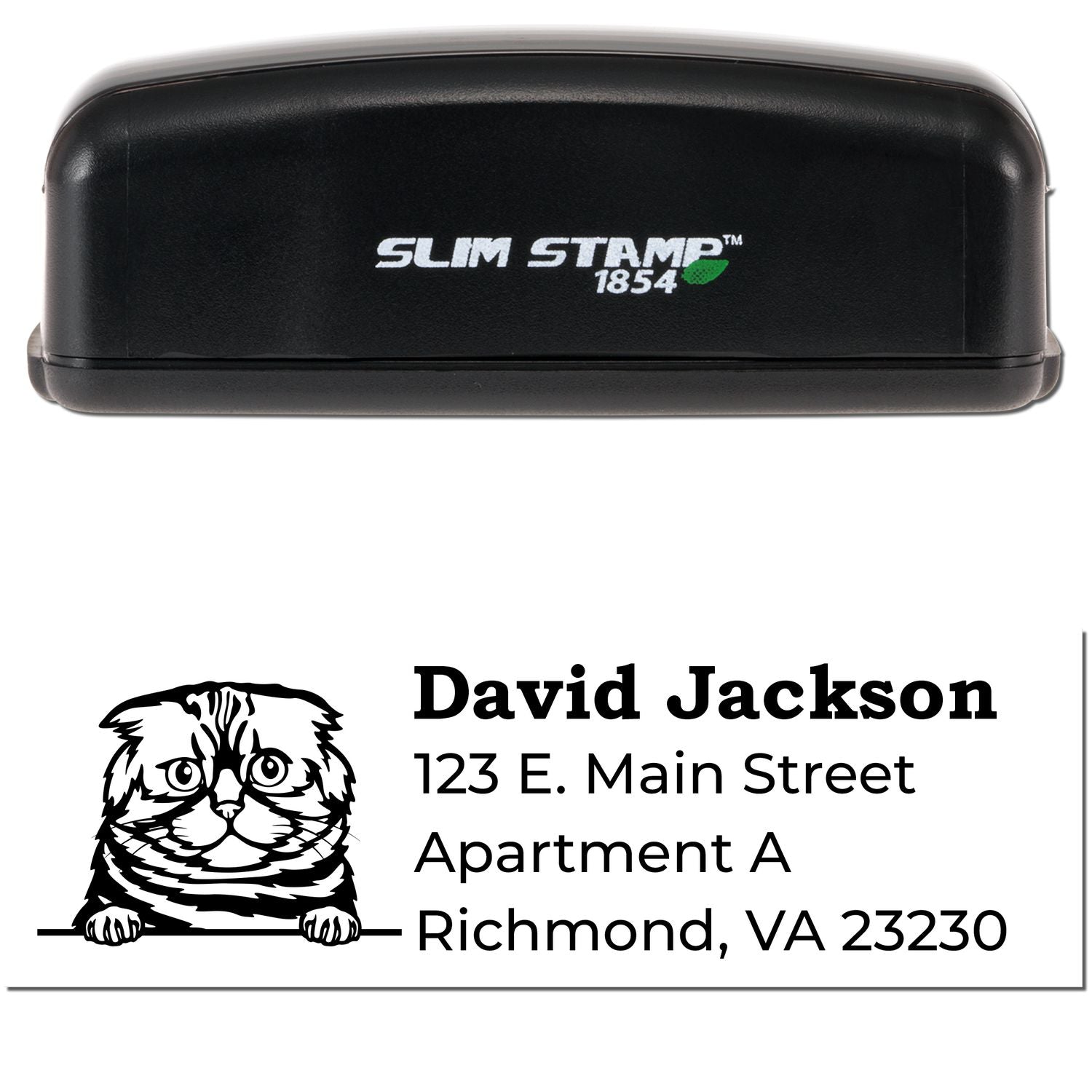 Slim Pre-Inked Foldex Peeking Cat Return Address Stamp with a black casing. Features a cute cat illustration above the address: David Jackson, 123 E. Main Street, Apartment A, Richmond, VA 23230.