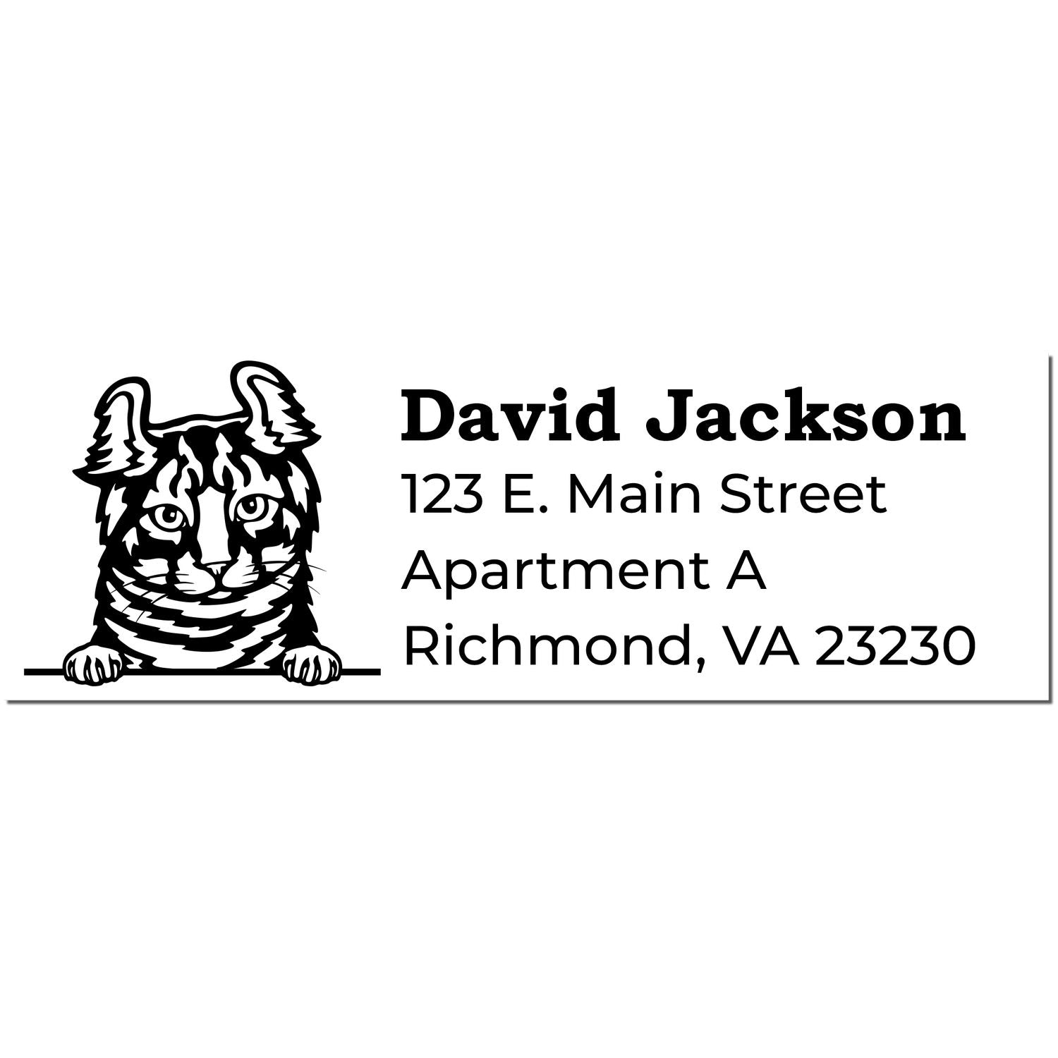 Self-Inking Highlander Custom Address Stamp featuring a cat illustration and sample address: David Jackson, 123 E. Main Street, Apartment A, Richmond, VA 23230.