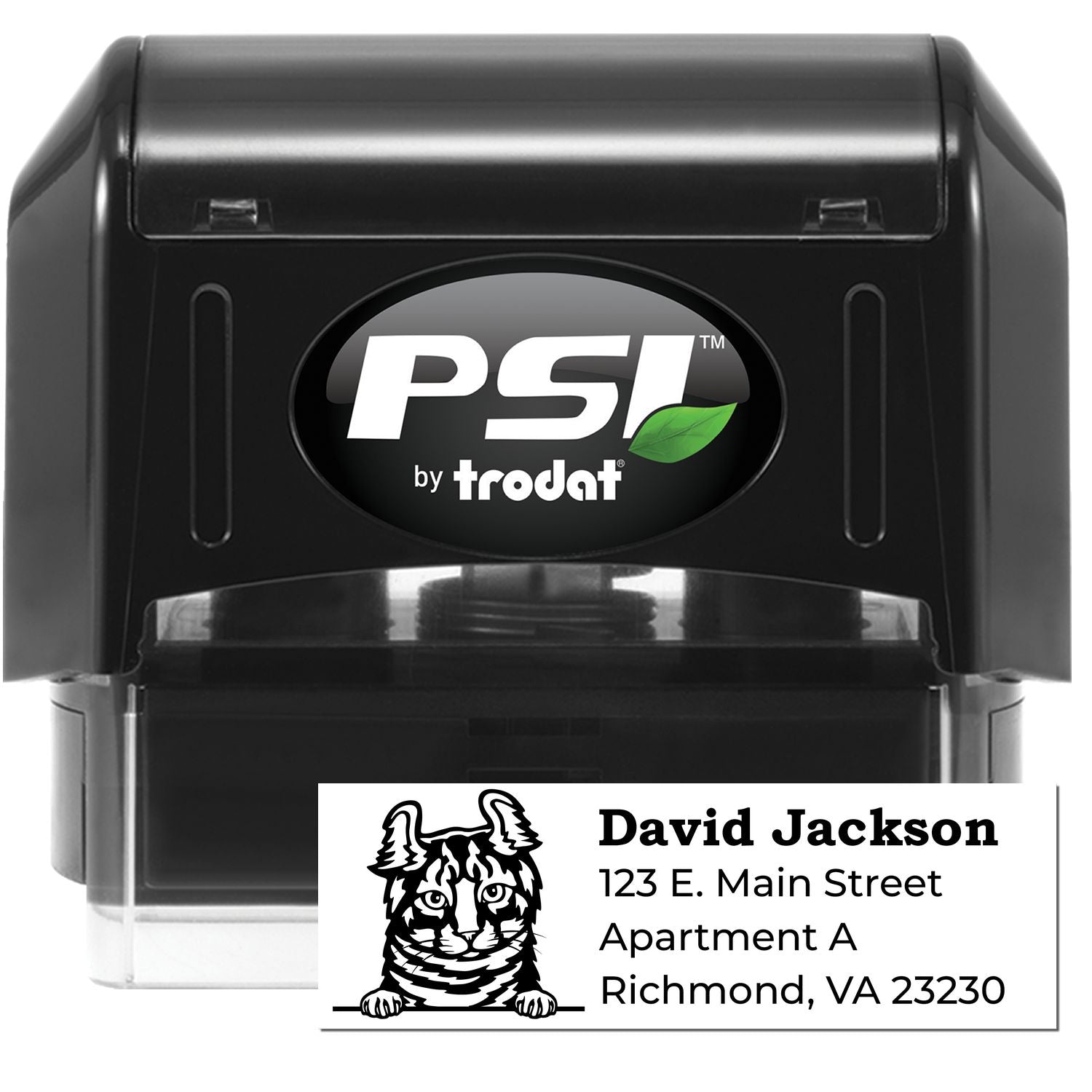 PSI Pre-Inked Peeking Highlander Cat Personalized Address Stamp featuring a cute cat illustration. Customizable with your address, perfect for adding a personal touch to your mail.