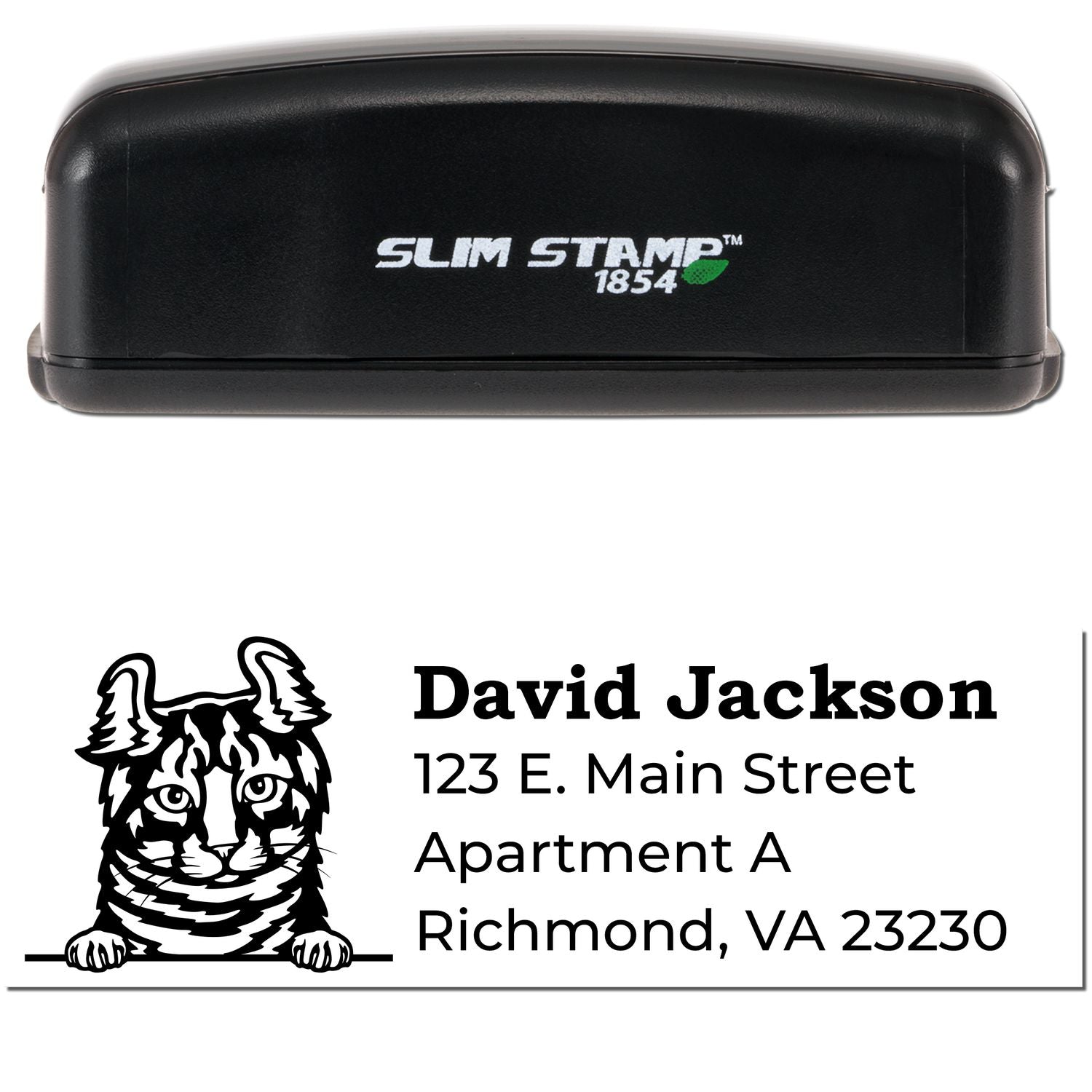 Slim Pre-Inked Highlander Peeking Cat Return Address Stamp with a black casing. Features a cute cat illustration above the address text. Ideal for personalizing mail with style and ease.