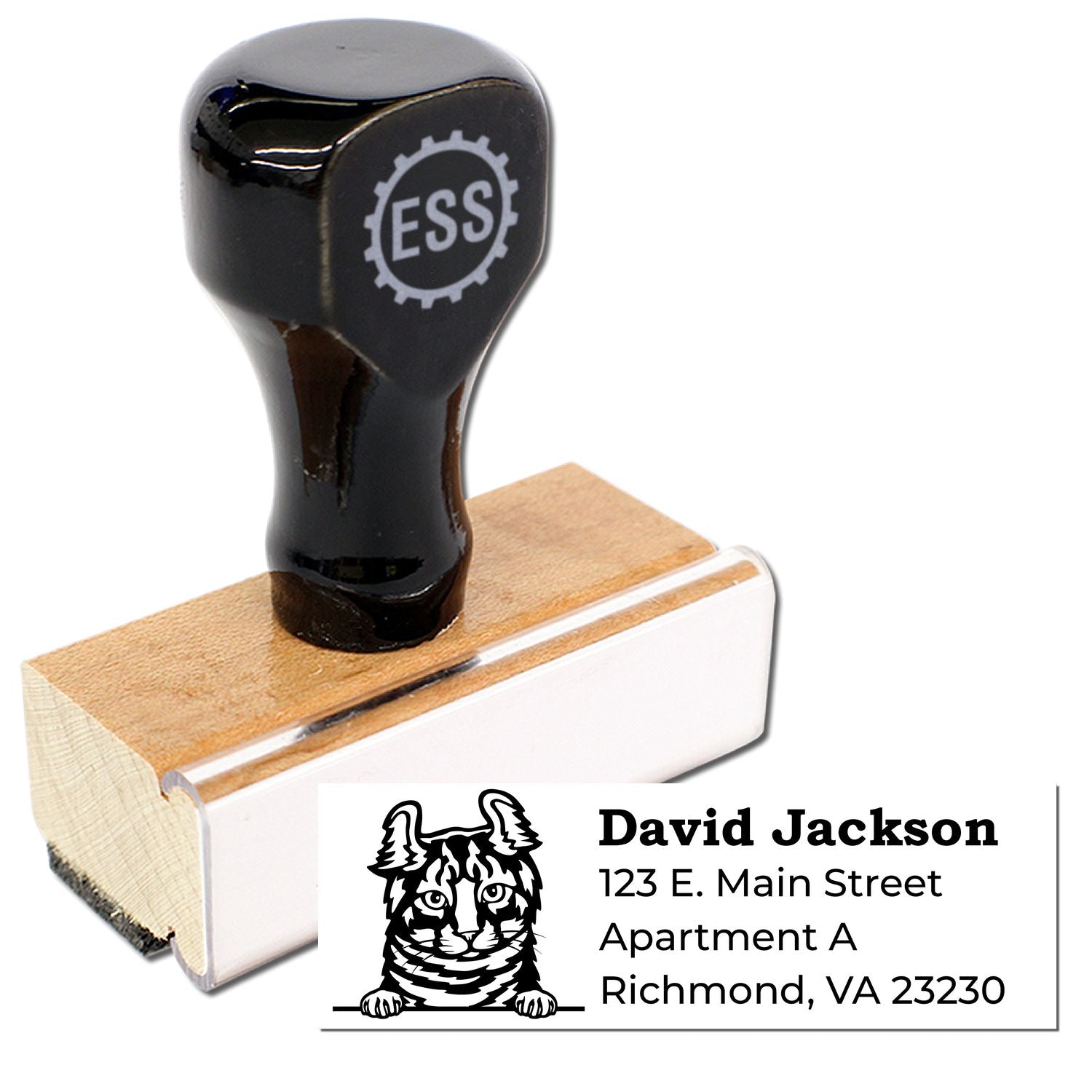 Wood Handle Highlander Cat Address Stamp with black top and wooden base, featuring a cat design and sample address text. Ideal for personalizing mail with a unique touch.