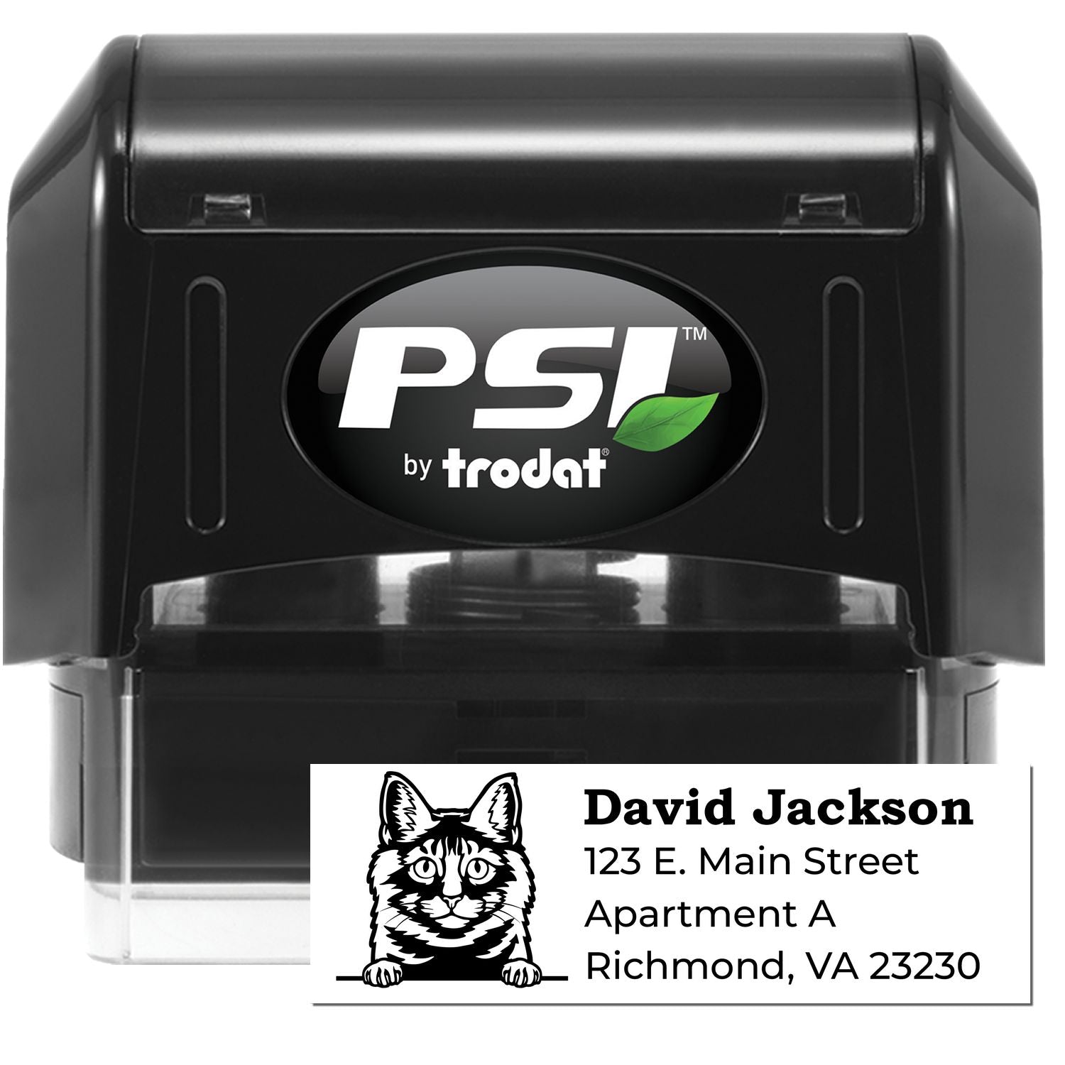 PSI Pre-Inked Peeking Kurilian Bobtail Cat Personalized Address Stamp featuring a cute cat illustration and customizable address text, perfect for adding a personal touch to your mail.