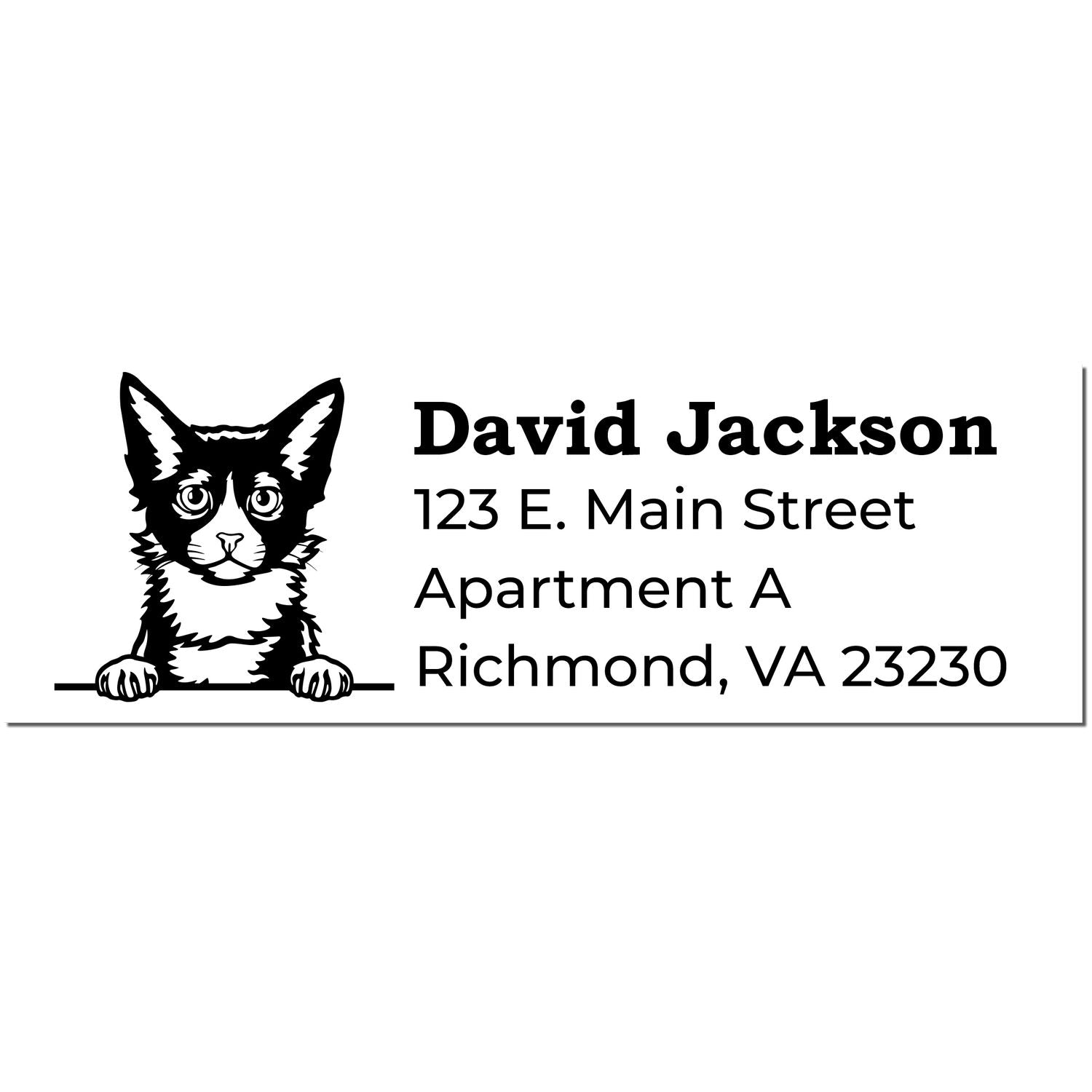 Wood Handle LaPerm Cat Address Stamp featuring a cute LaPerm cat illustration above a sample address with bold text. Perfect for personalizing mail with a touch of feline charm.