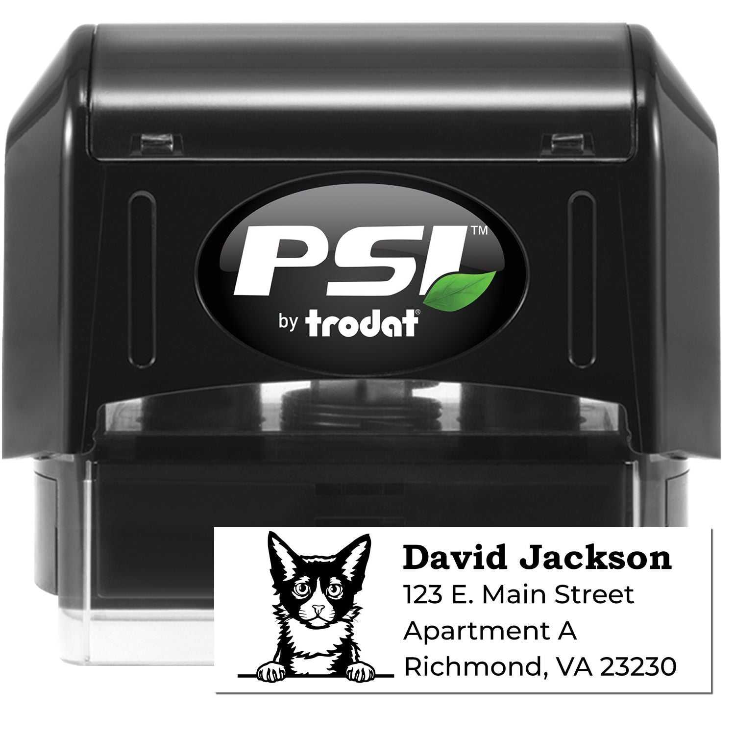 PSI Pre-Inked Peeking LaPerm Cat Personalized Address Stamp featuring a black casing and a cute cat illustration. Customizable with name and address, perfect for adding a personal touch to mail.