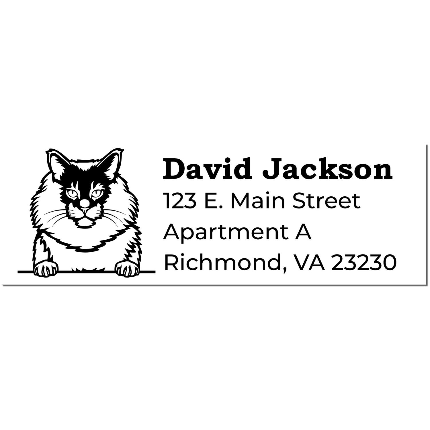 PSI Pre-Inked Peeking Maine Coon Cat Personalized Address Stamp featuring a detailed cat illustration above customizable address text. Perfect for adding a personal touch to your mail.