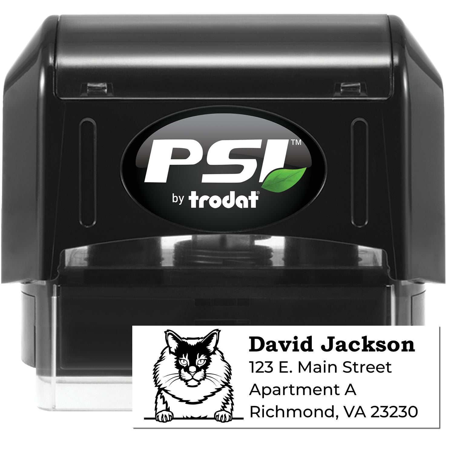 PSI Pre-Inked Peeking Maine Coon Cat Personalized Address Stamp featuring a black casing with a cat illustration and customizable address area. Perfect for adding a personal touch to mail.