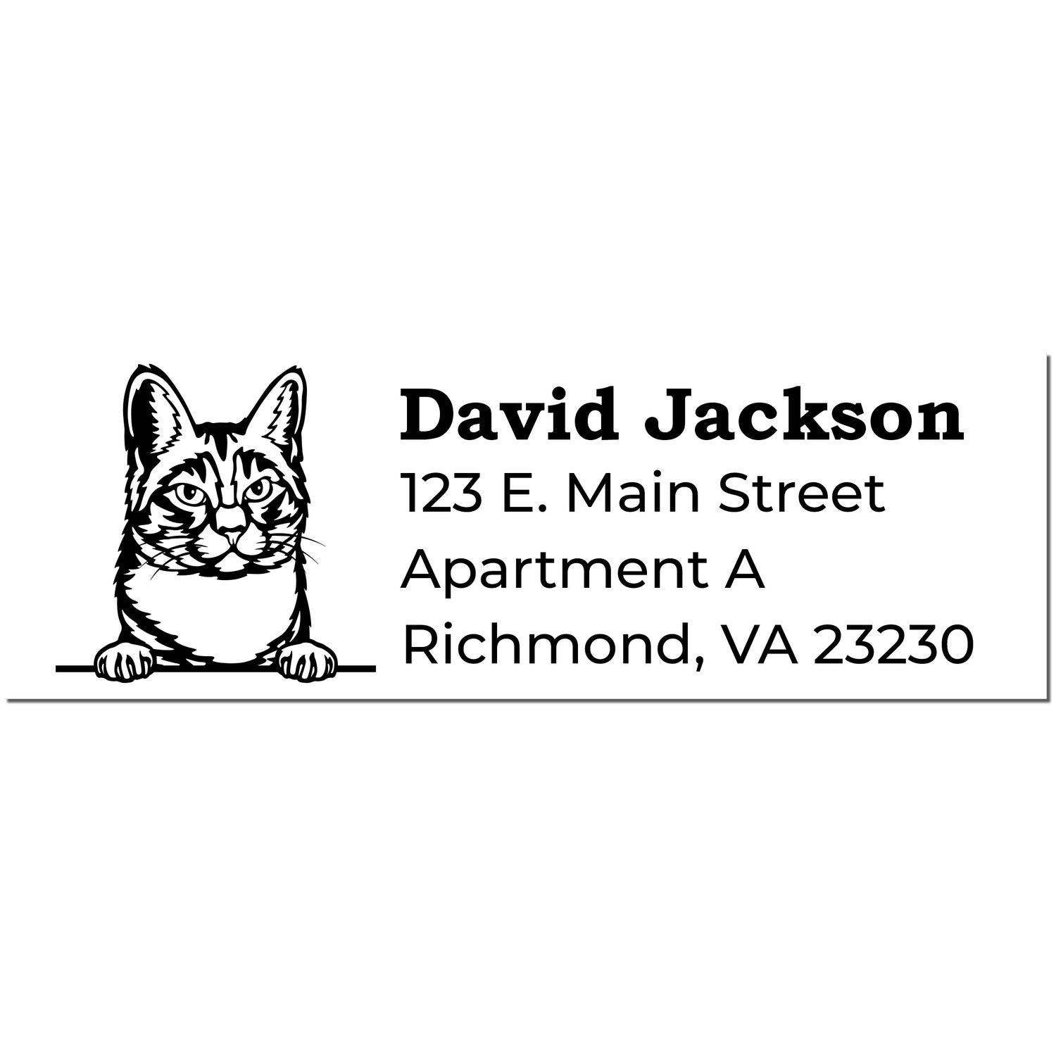 Self-Inking Manx Custom Address Stamp featuring a Manx cat illustration with the name David Jackson and address details in bold, clear font. Perfect for personalized mail and stationery.