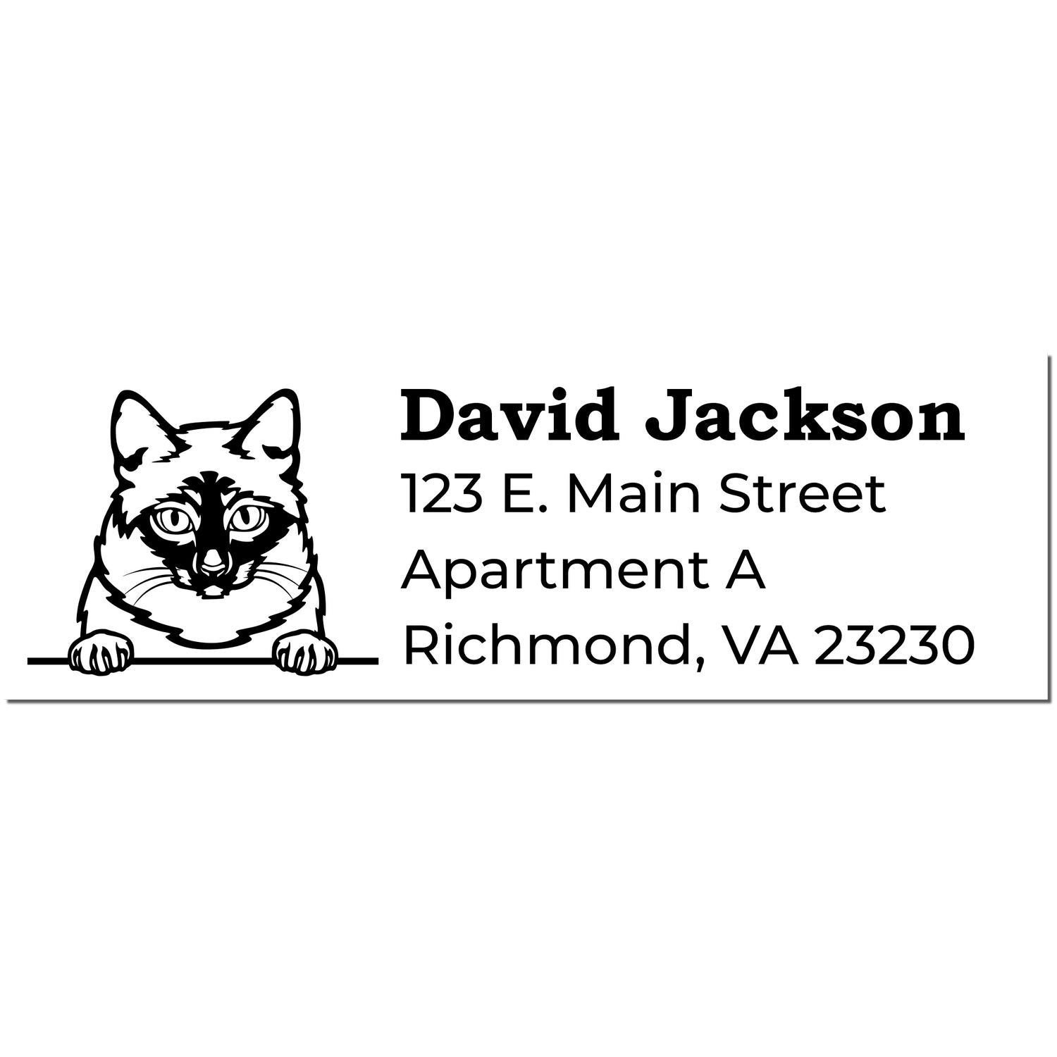 PSI Pre-Inked Peeking Mekong Bobtail Cat Personalized Address Stamp featuring a cat illustration above a sample address layout with name, street, apartment, city, state, and zip code.