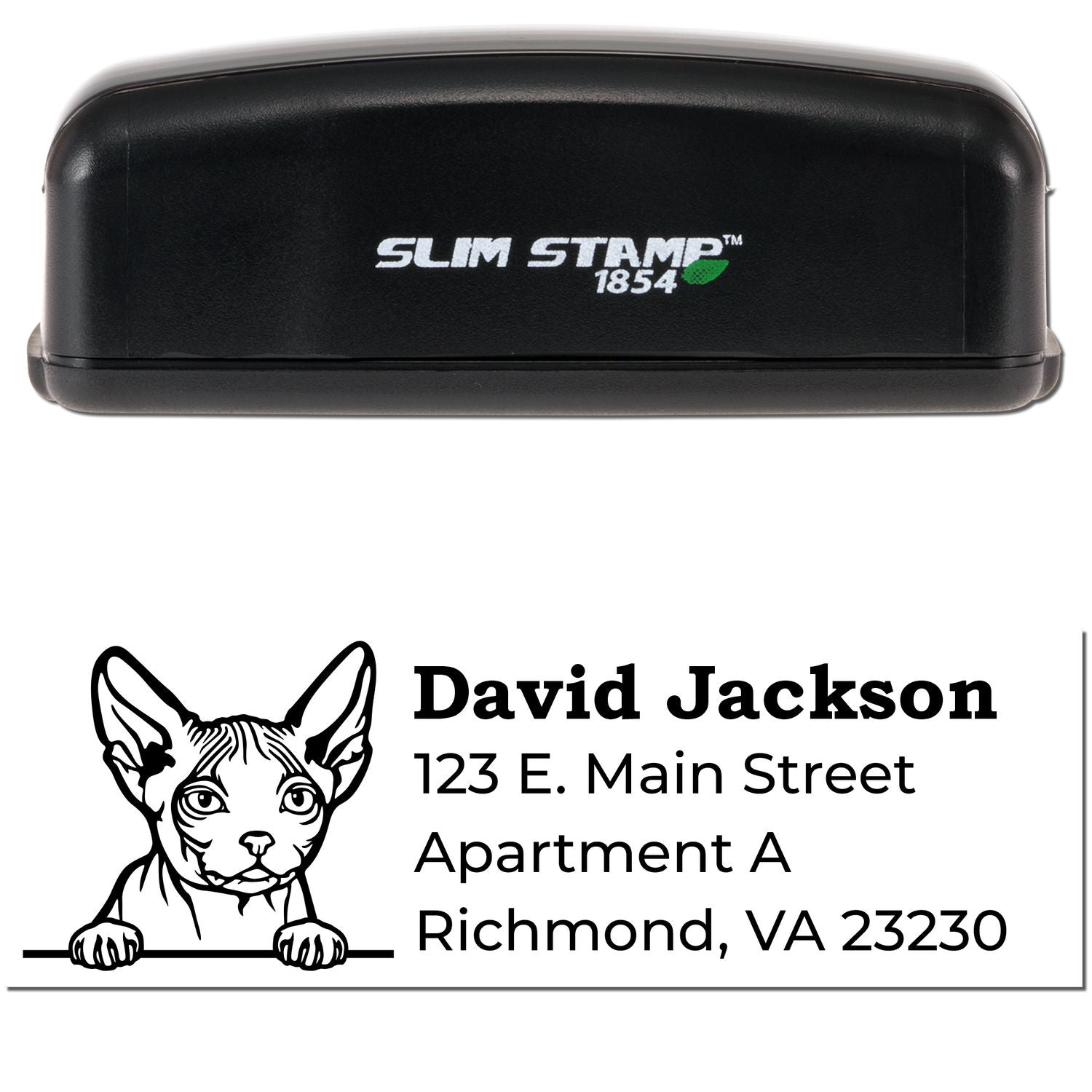 Slim Pre-Inked Minskin Peeking Cat Return Address Stamp with a black casing. Features a cute cat illustration and customizable address text. Perfect for personalizing mail with style.