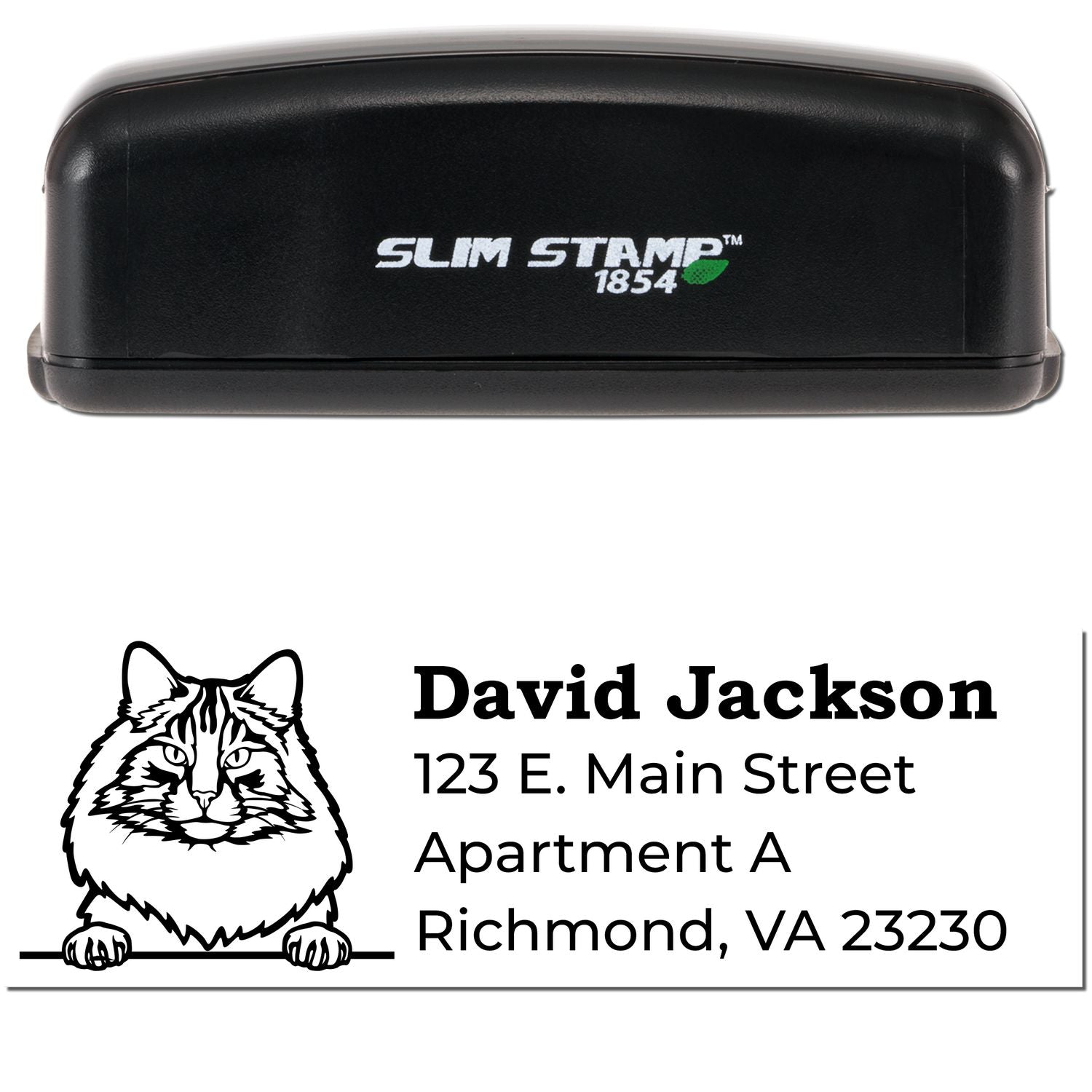 Slim Pre-Inked Norwegian Forest Cat Peeking Cat Return Address Stamp with a black casing. Features a cat illustration above a sample address, showcasing its detailed design and functionality.