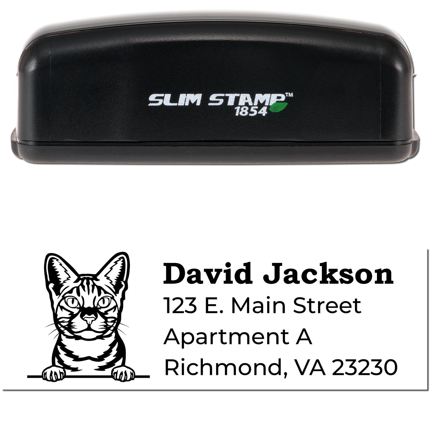 Slim Pre-Inked Ocicat Peeking Cat Return Address Stamp with a black casing. Features a cat illustration and customizable address text. Perfect for personalizing mail with style.