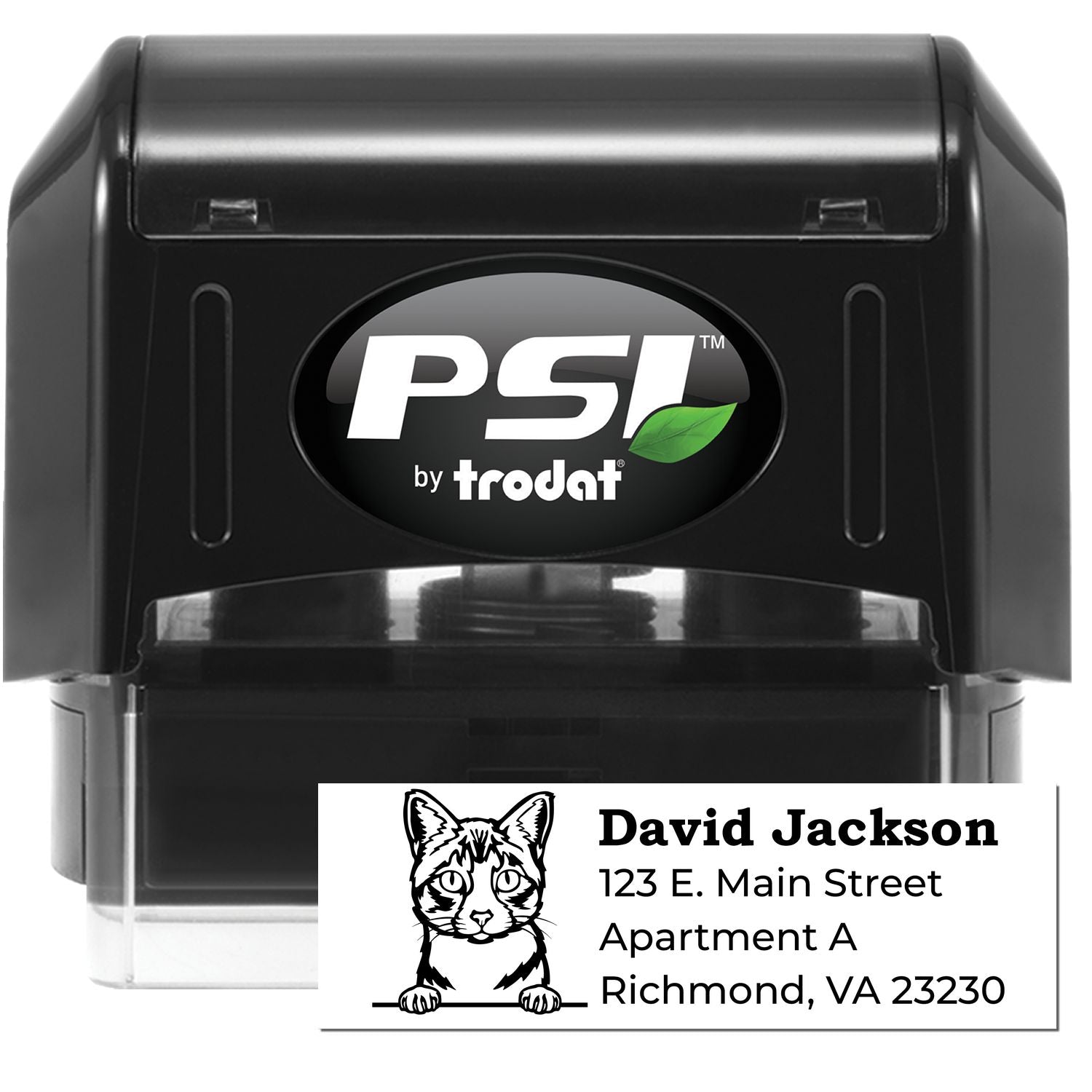 PSI Pre-Inked Peeking Ojos Azules Cat Personalized Address Stamp featuring a black casing and a cute cat design next to a sample address. Perfect for adding a personal touch to your mail.