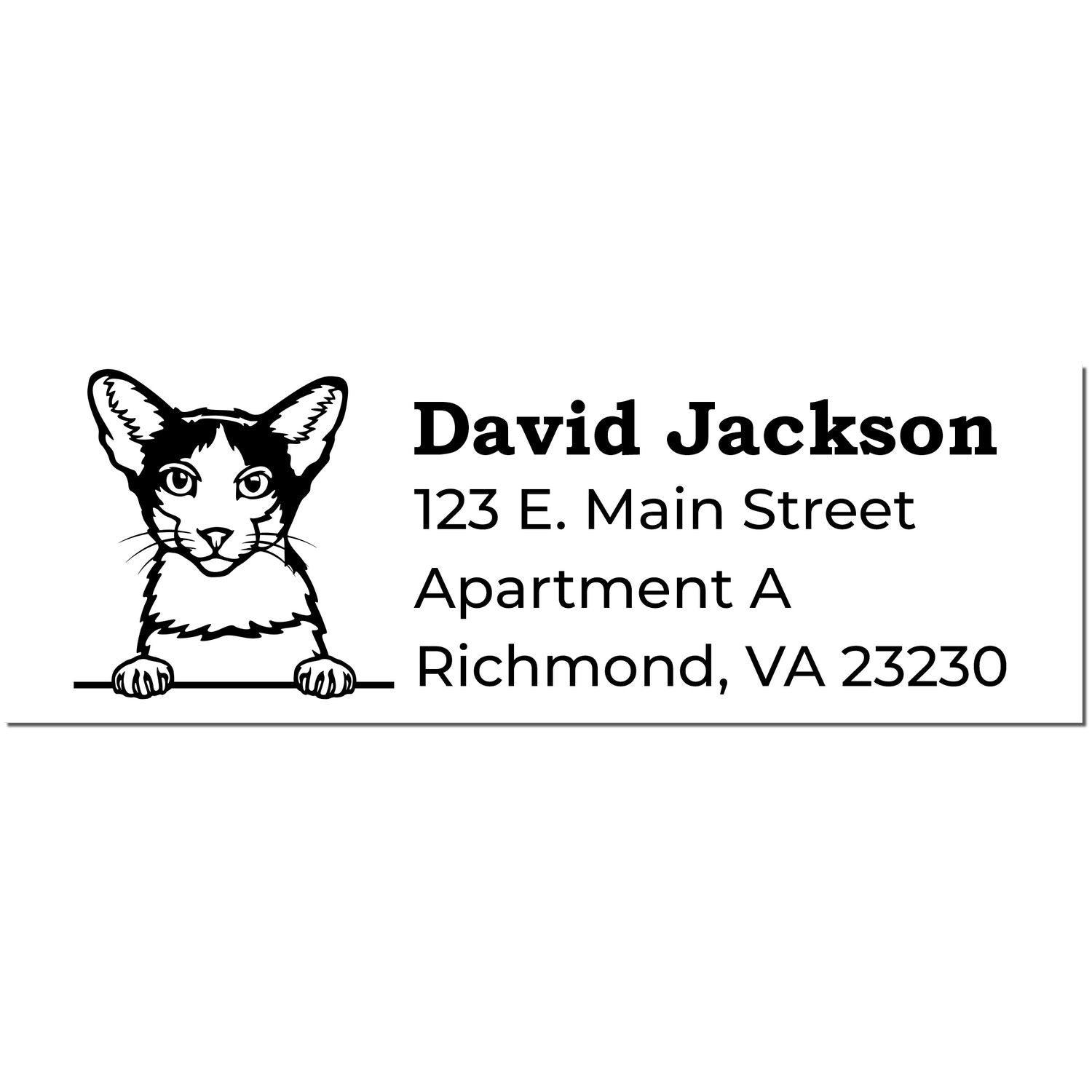 PSI Pre-Inked Peeking Oriental Bicolor Cat Personalized Address Stamp featuring a cat illustration above a customizable address. Perfect for adding a personal touch to your mail.