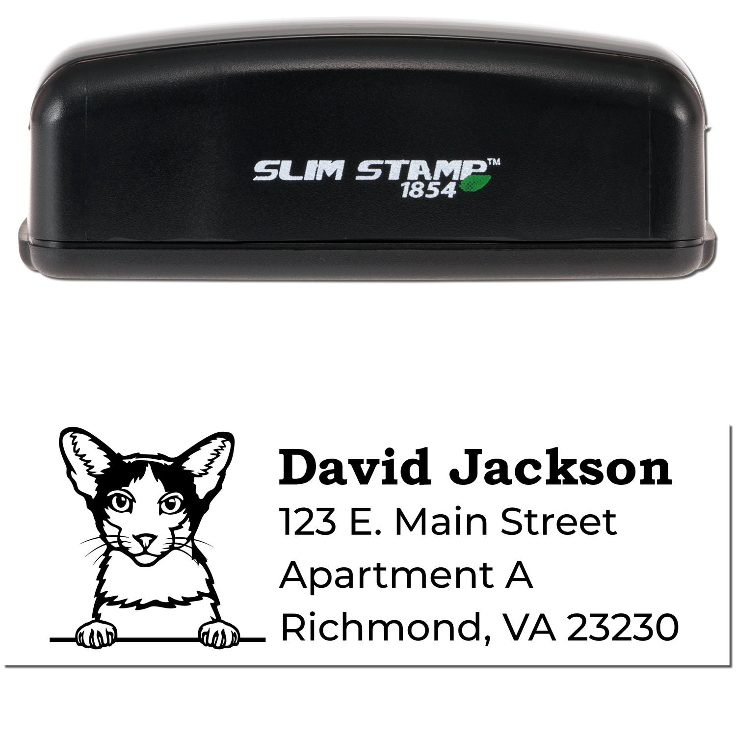 Slim Pre-Inked Oriental Bicolor Peeking Cat Return Address Stamp with a black casing. Features a cat illustration and customizable address text. Compact and efficient for personal or business use.