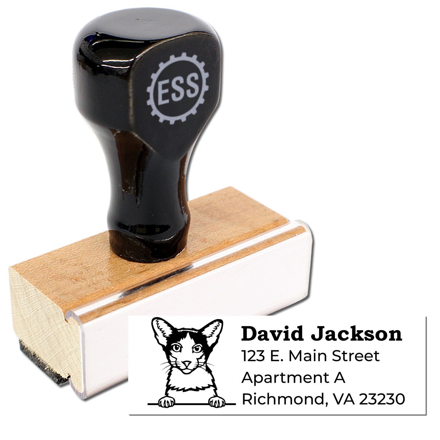 Wood Handle Oriental Bicolor Cat Address Stamp with a sleek black top and wooden base. Features a cat illustration and customizable address text. Perfect for personalizing mail.