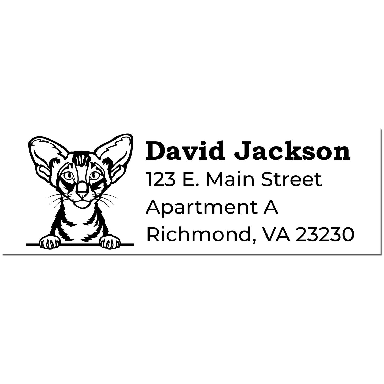 PSI Pre-Inked Peeking Oriental Shorthair Cat Personalized Address Stamp featuring a cute cat illustration above customizable address text. Perfect for adding a personal touch to your mail.