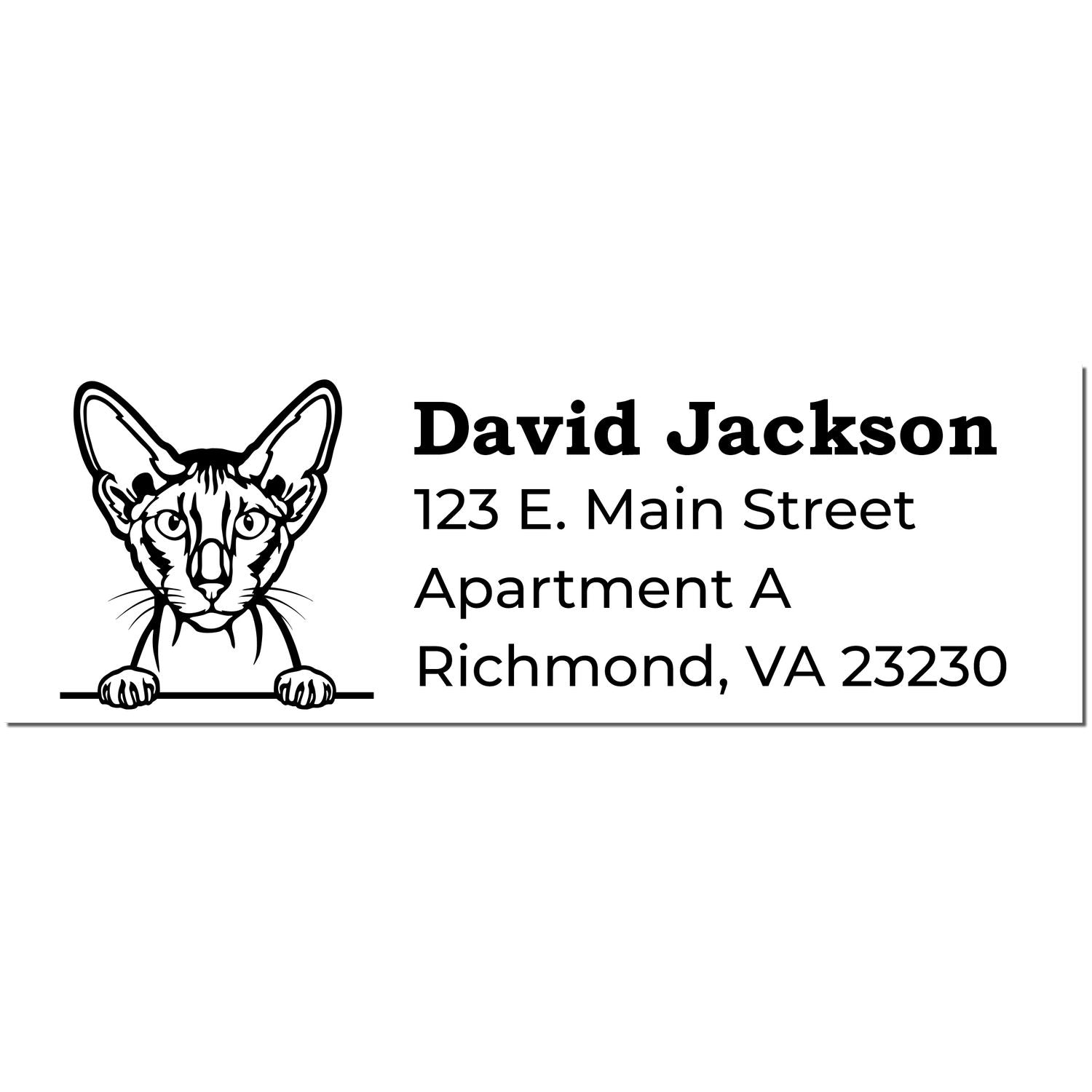 Self-Inking Peterbald Custom Address Stamp featuring a Peterbald cat illustration with sample text: David Jackson, 123 E. Main Street, Apartment A, Richmond, VA 23230.