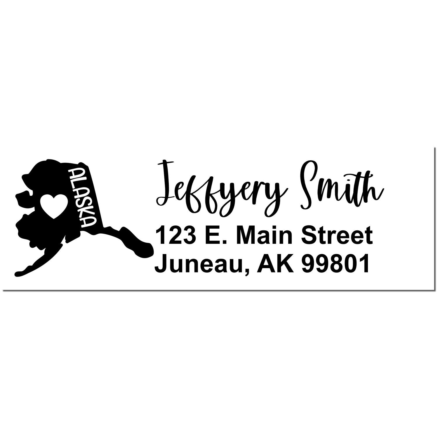 Alaska State Love Personalized Address Stamp featuring a heart design within the state outline, with the name Jeffery Smith and address 123 E. Main Street, Juneau, AK 99801 in elegant script.