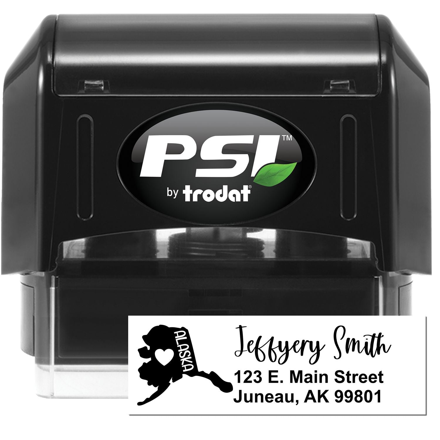 PSI Pre-Inked Alaska State Love Customized Address Stamp featuring a black casing with a sample address imprint, including a heart and Alaska state outline design.