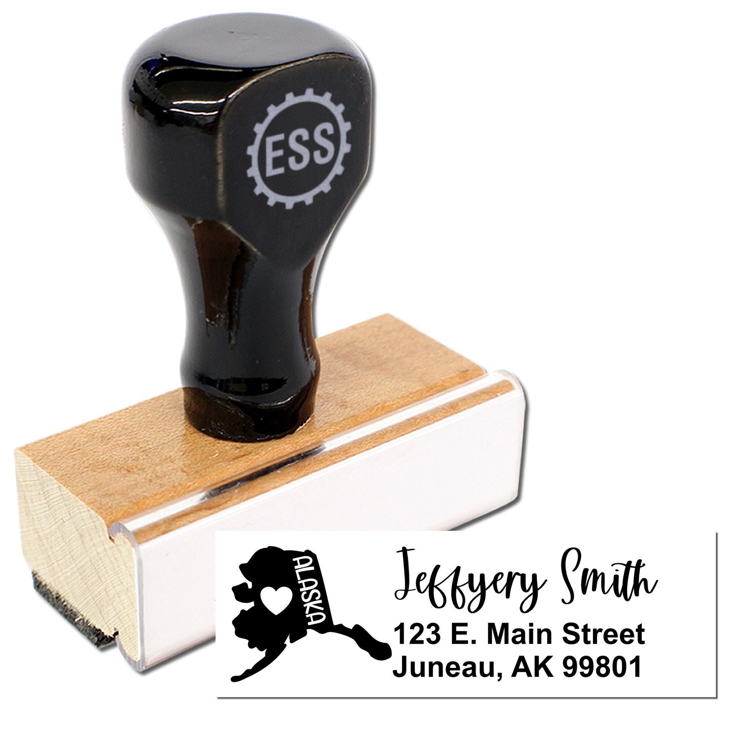 Alaska State Love Personalized Address Stamp with a wooden base and black handle. Features a design of Alaska's silhouette and customizable address text.