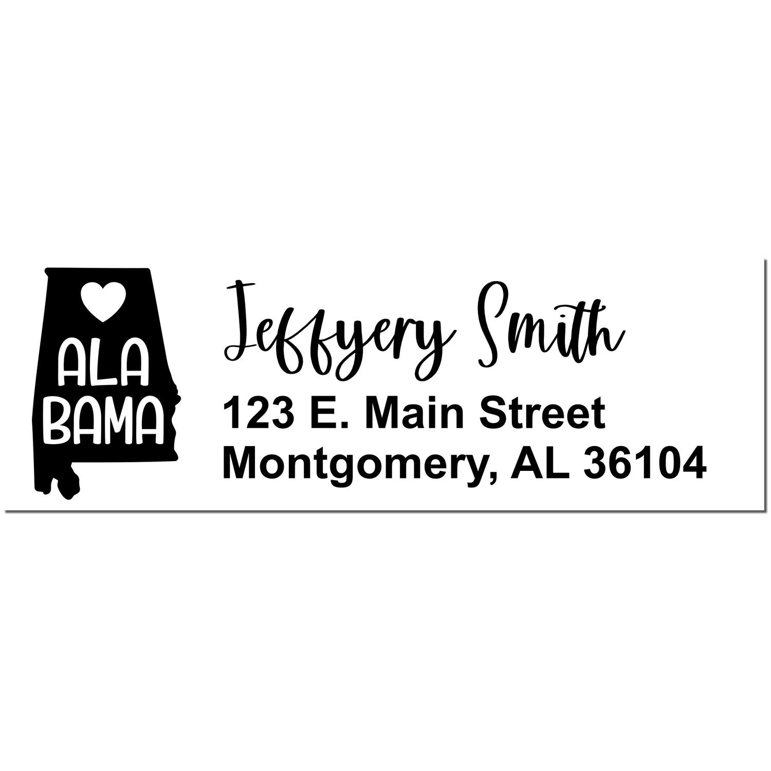 State Love of Alabama Custom Address Stamp Self-Inking with ALA BAMA design, personalized with Jeffery Smith, 123 E. Main Street, Montgomery, AL 36104 in black ink.