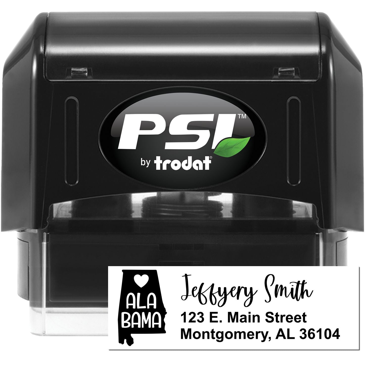 PSI Pre-Inked Alabama State Love Customized Address Stamp, featuring a black casing and personalized address label with Alabama state outline and heart design.