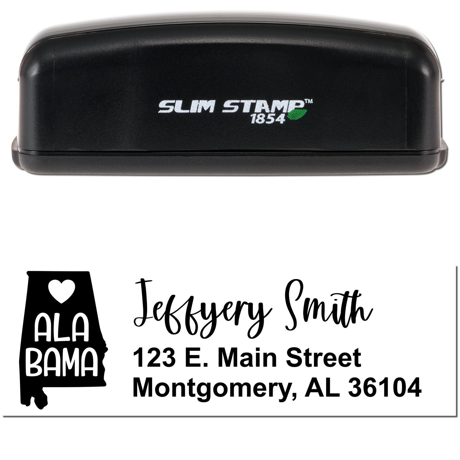 Image of a Slim Alabama Custom Address Stamp for Envelopes, featuring a black stamp with Slim Stamp 1854 branding and a sample address with a heart-shaped Alabama state outline.