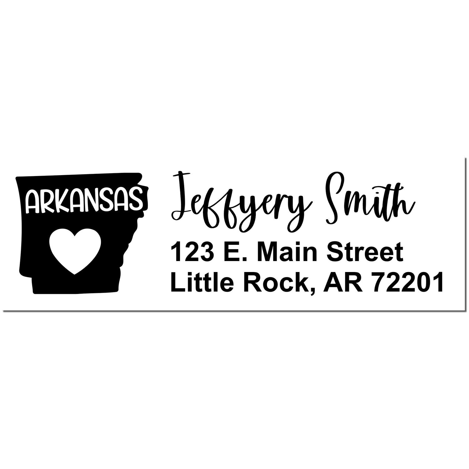 State Love of Arkansas Custom Address Stamp Self-Inking features a black silhouette of Arkansas with a heart, personalized with Jeffery Smith, 123 E. Main Street, Little Rock, AR 72201 in elegant script.