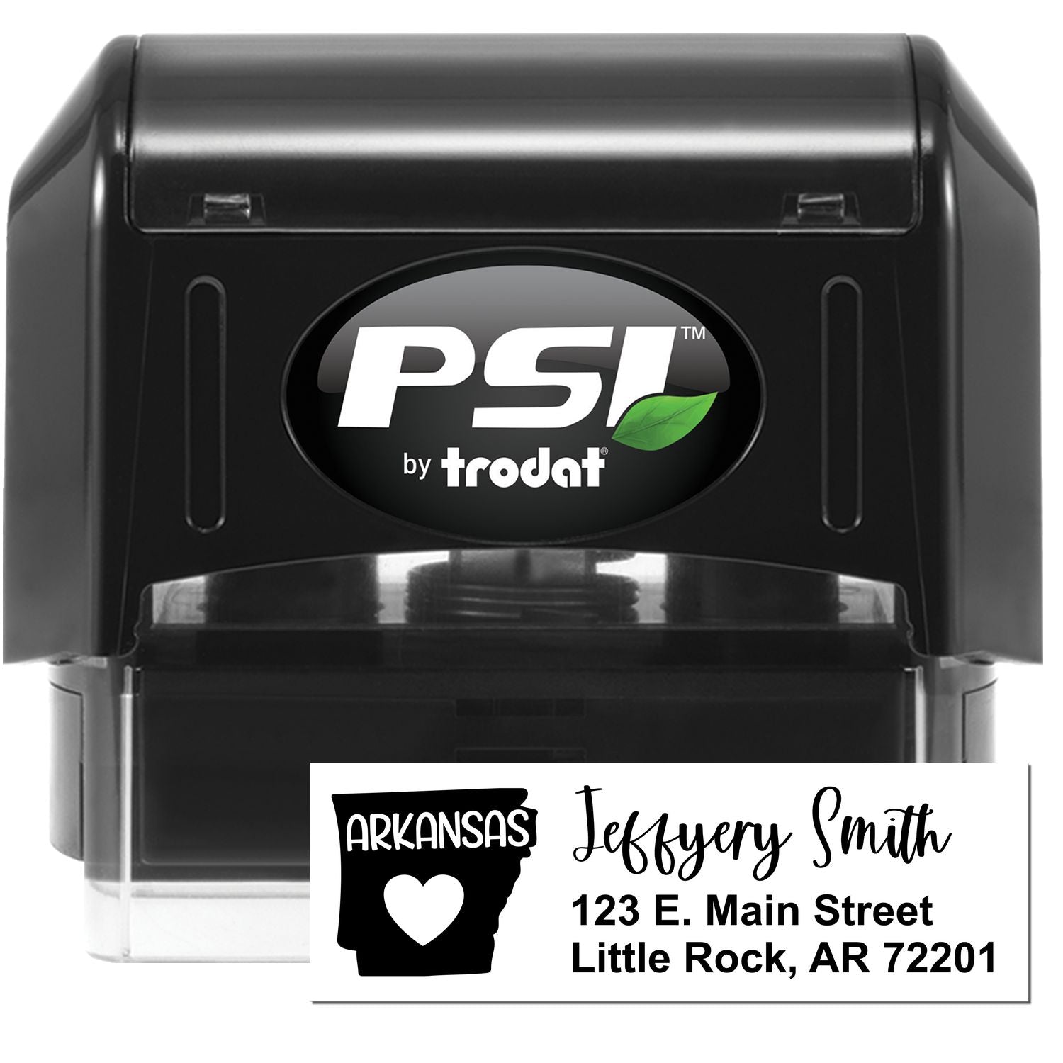 PSI Pre-Inked Arkansas State Love Customized Address Stamp featuring a black casing with a sample address: Jeffery Smith, 123 E. Main Street, Little Rock, AR 72201, and an Arkansas state silhouette.