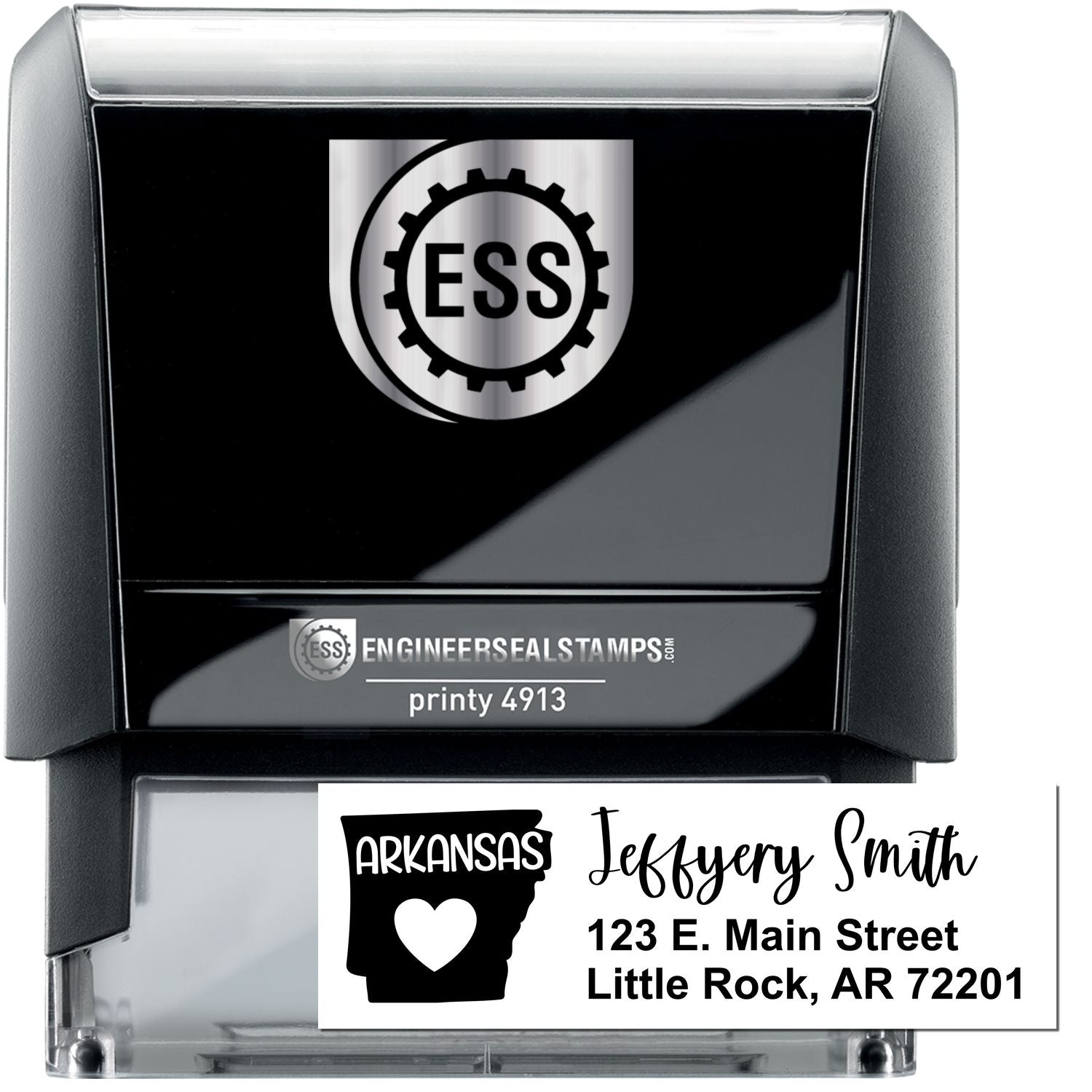 State Love of Arkansas Custom Address Stamp Self-Inking, featuring a black casing with ESS logo, and a sample address: Jeffery Smith, 123 E. Main Street, Little Rock, AR 72201.