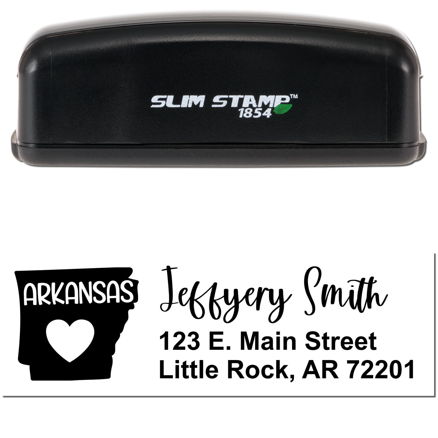 Image of a black Slim Arkansas Custom Address Stamp for Envelopes, featuring a design with Arkansas and a heart, alongside a sample address: Jeffery Smith, 123 E. Main Street, Little Rock, AR 72201.