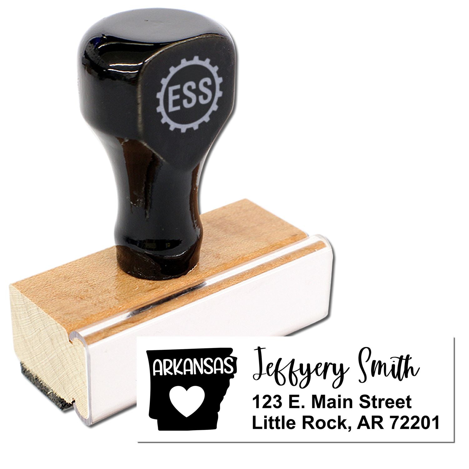 Arkansas State Love Personalized Address Stamp with a wooden handle and black rubber top. Features a heart design and customizable address text, perfect for adding a personal touch to mail.