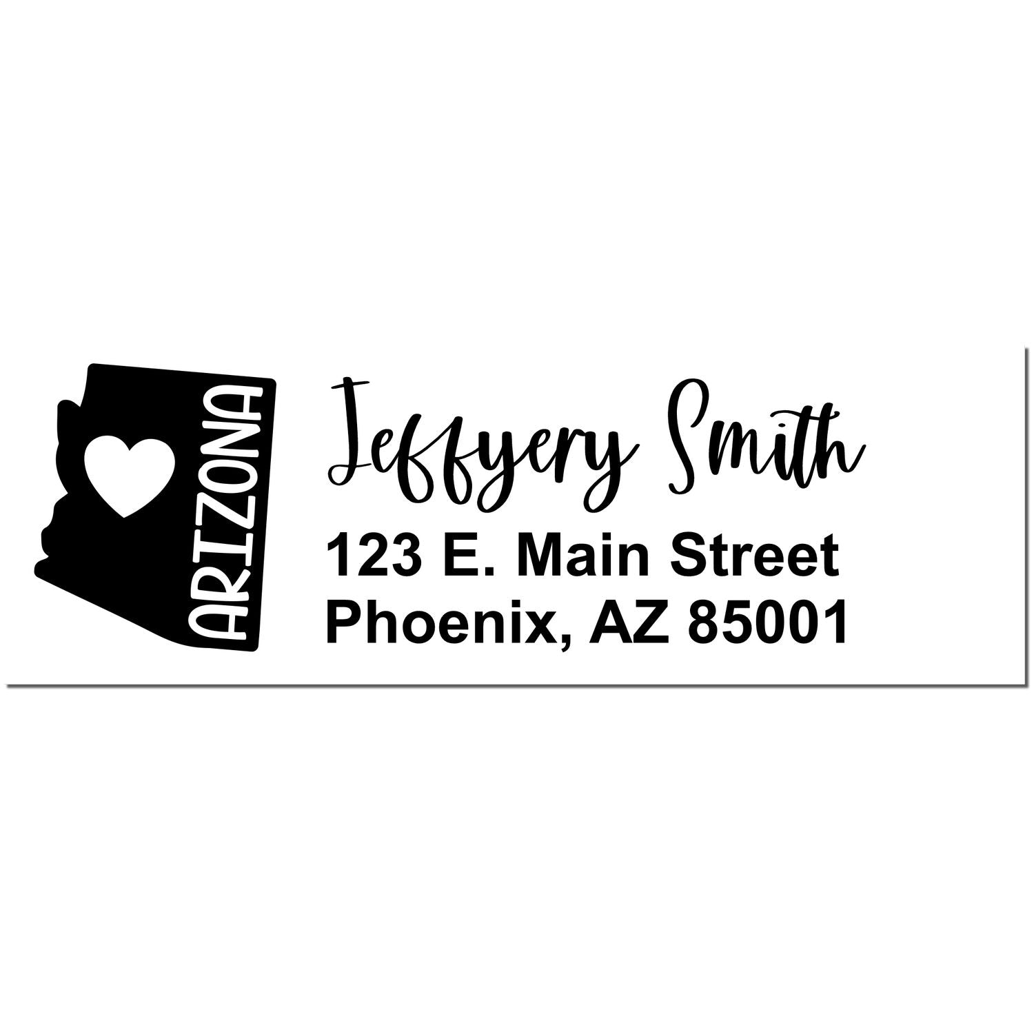 Arizona State Love Personalized Address Stamp featuring a heart within the state outline, with custom name and address in stylish font. Perfect for adding a personal touch to mail.