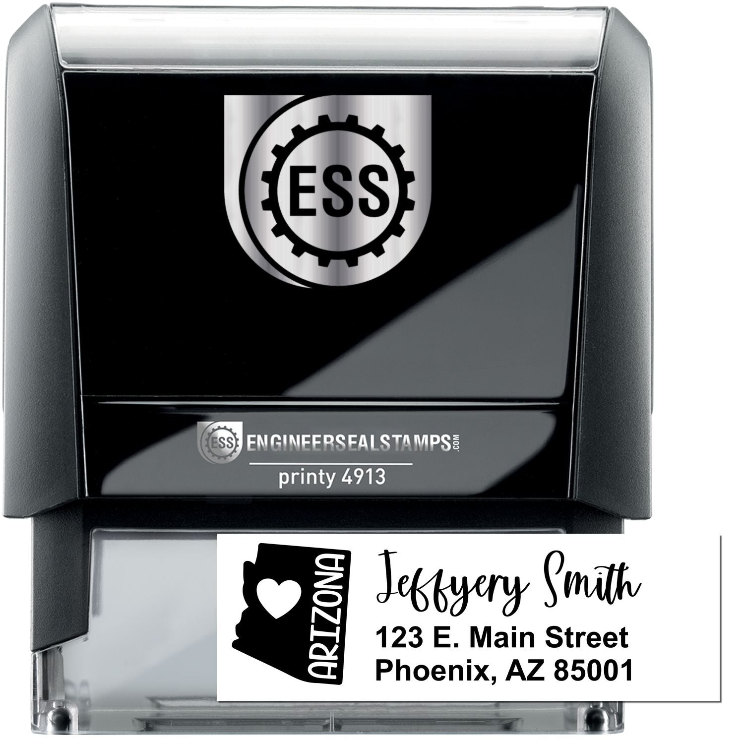 State Love of Arizona Custom Address Stamp Self-Inking, featuring a black casing with ESS logo, and a sample address: Jeffery Smith, 123 E. Main Street, Phoenix, AZ 85001, with Arizona state outline.