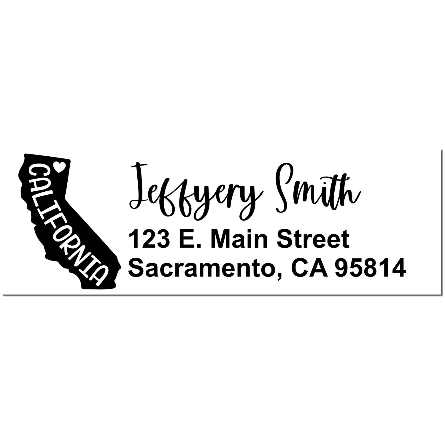 California State Love Personalized Address Stamp featuring a black California outline with a heart, and customizable text for name and address in elegant script and bold font.