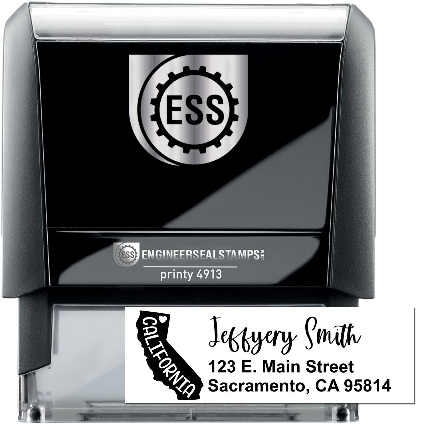 State Love of California Custom Address Stamp Self-Inking, featuring a black casing with ESS logo, and a sample address: Jeffery Smith, 123 E. Main Street, Sacramento, CA 95814.